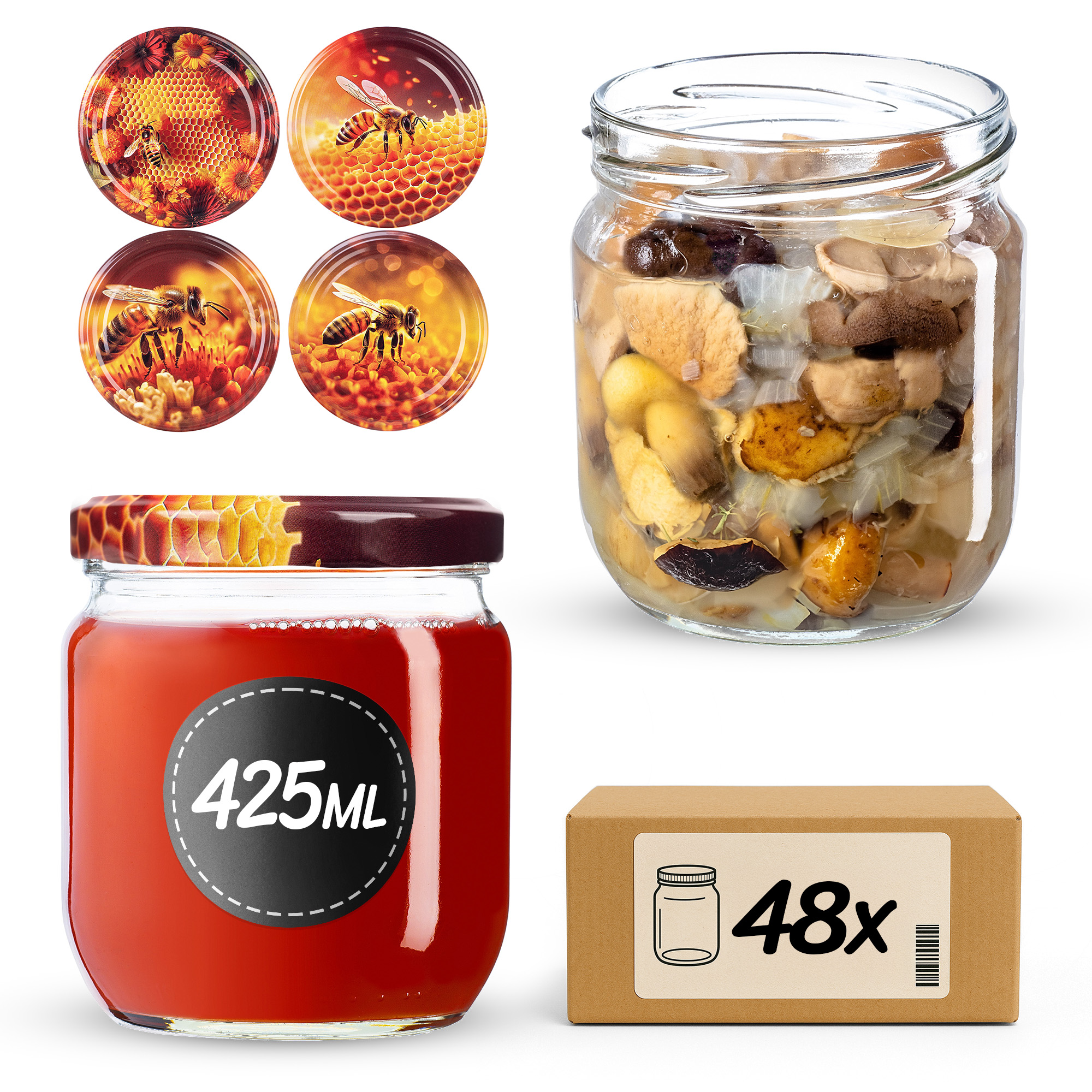 Słoiki na przetwory Salla 425ml fi82mm 48szt + wieczko Zestaw miodowy