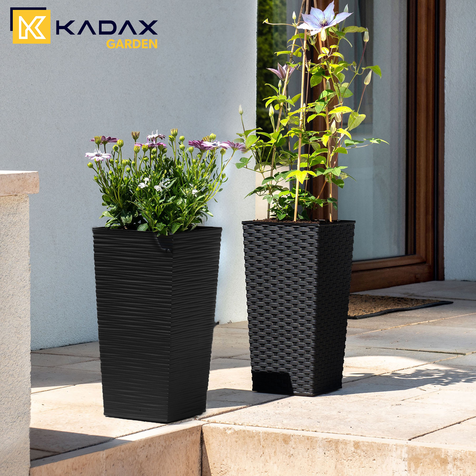 Donice na kwiaty z wkładem Pesaro rattan 30 cm + 35 cm + 40 cm, czarne