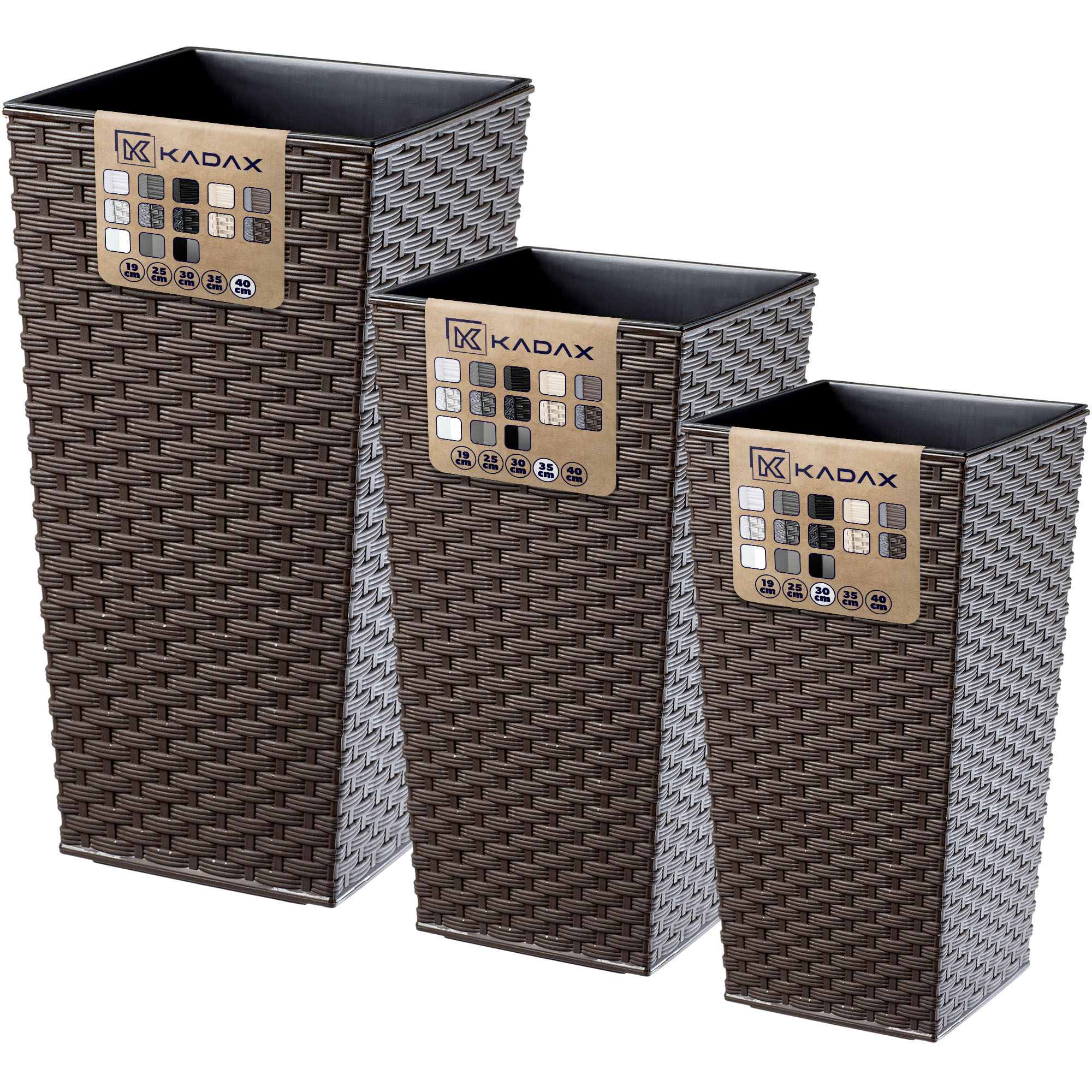 Donice na kwiaty z wkładem Pesaro rattan 30 cm + 35 cm + 40 cm, mokka