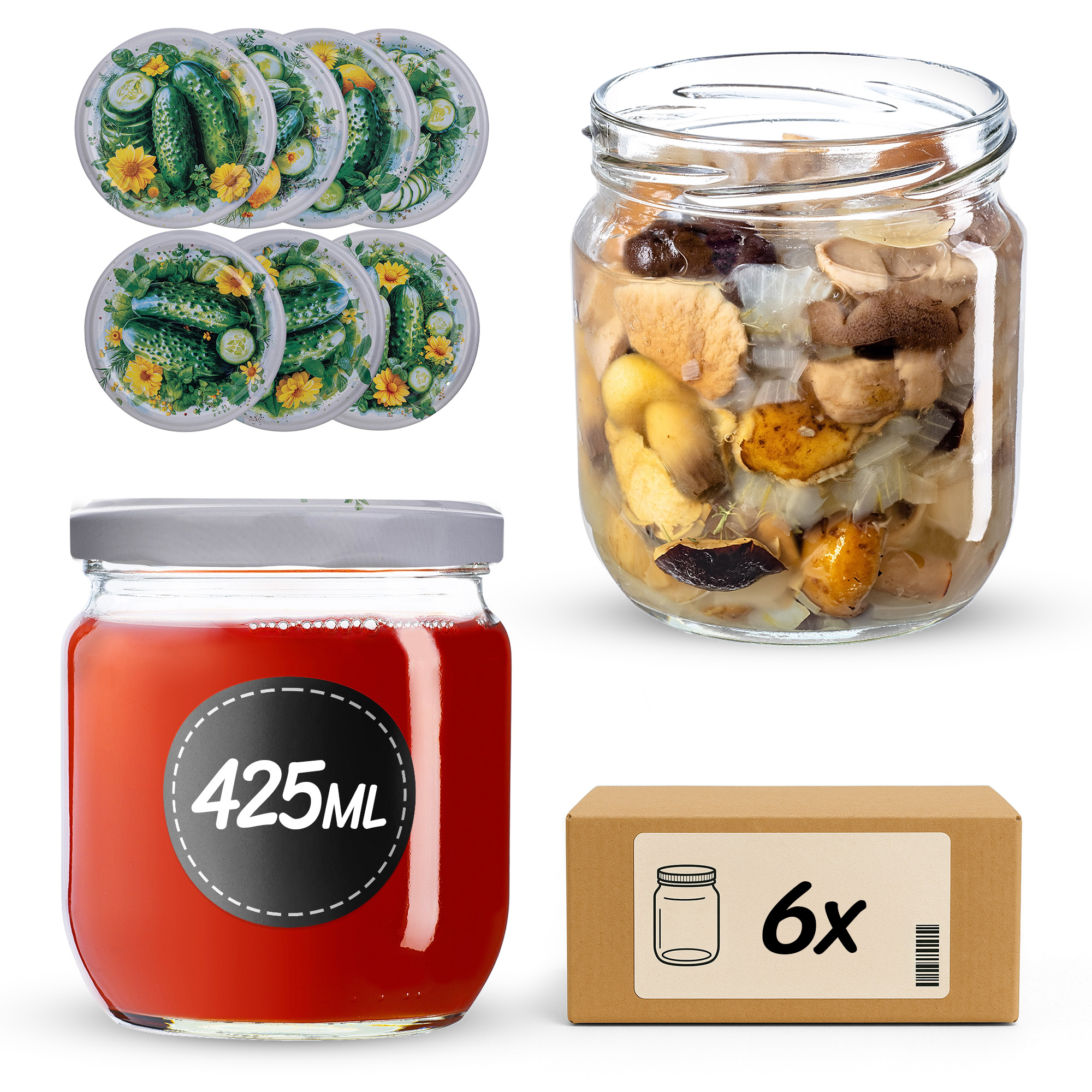 Słoiki na przetwory Salla 425ml fi82mm 6szt + wieczko Kompozycja ogórkowa