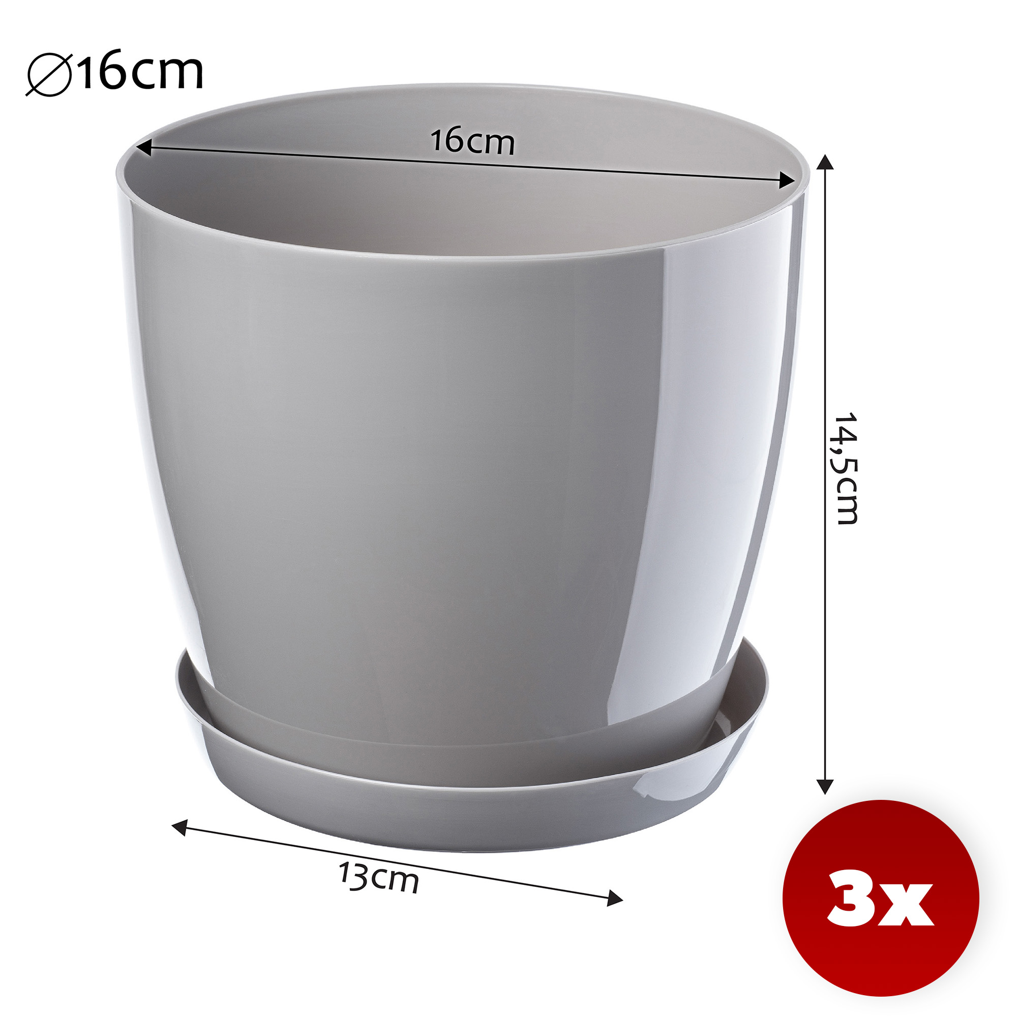 Doniczka Agen z podstawką szara 16 cm, 3 szt.