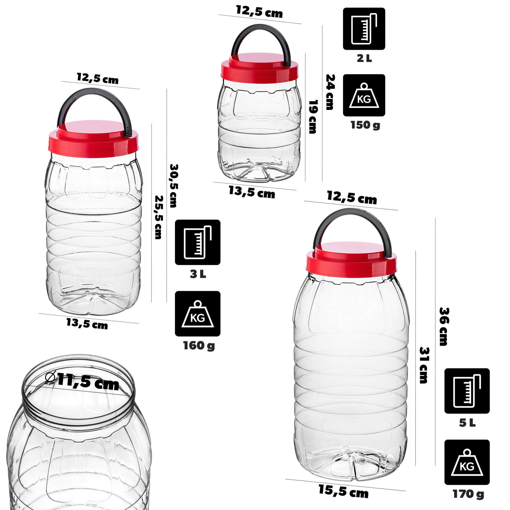 Słoik PET z zakrętką i uchwytem Riccia uniwersalny 2L + 3L + 5L
