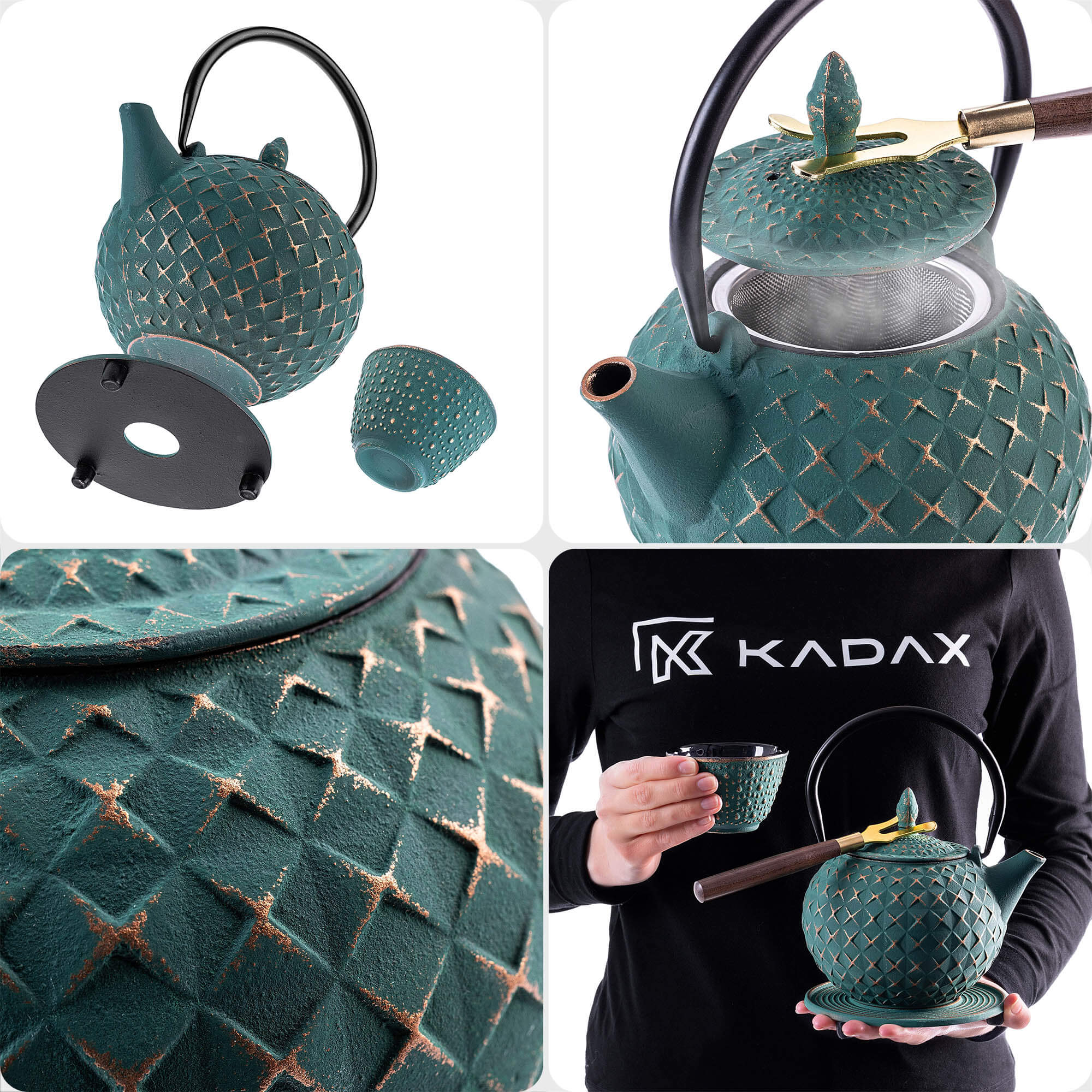 Czajnik żeliwny z czarkami i zaparzaczem Genua zielony