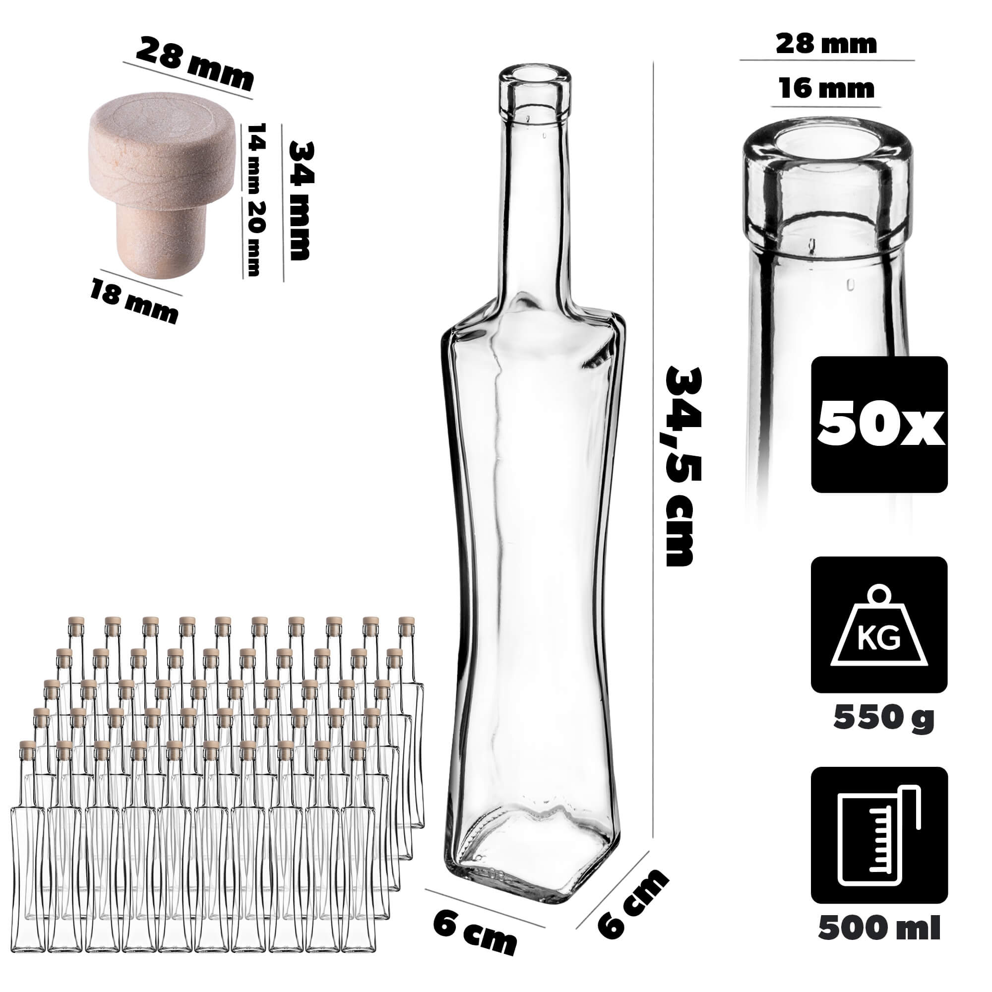 Butelka Quadra 500ml z korkiem syntetycznym 50 szt.