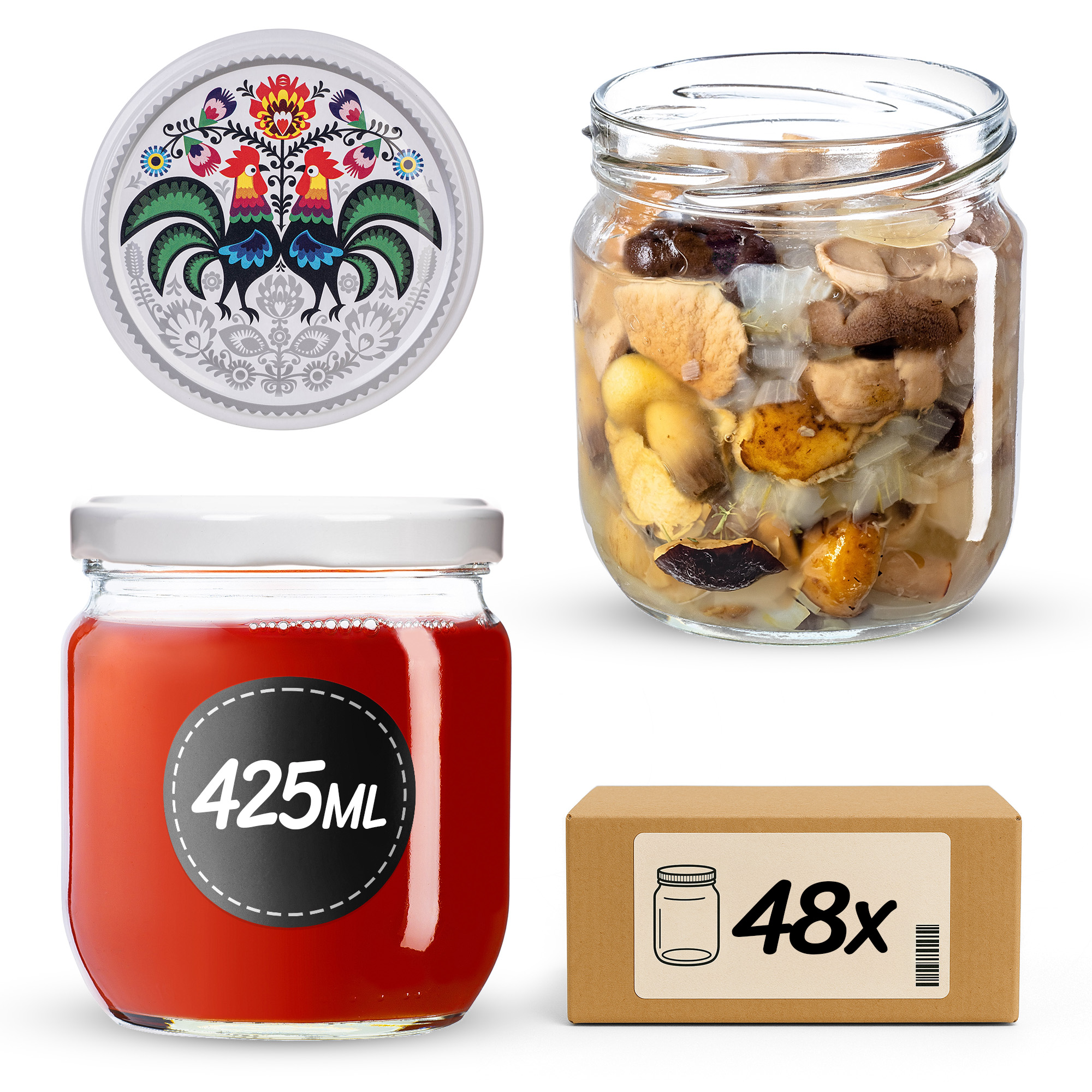 Słoiki na przetwory Salla 425ml fi82mm 48szt + wieczko Kogut