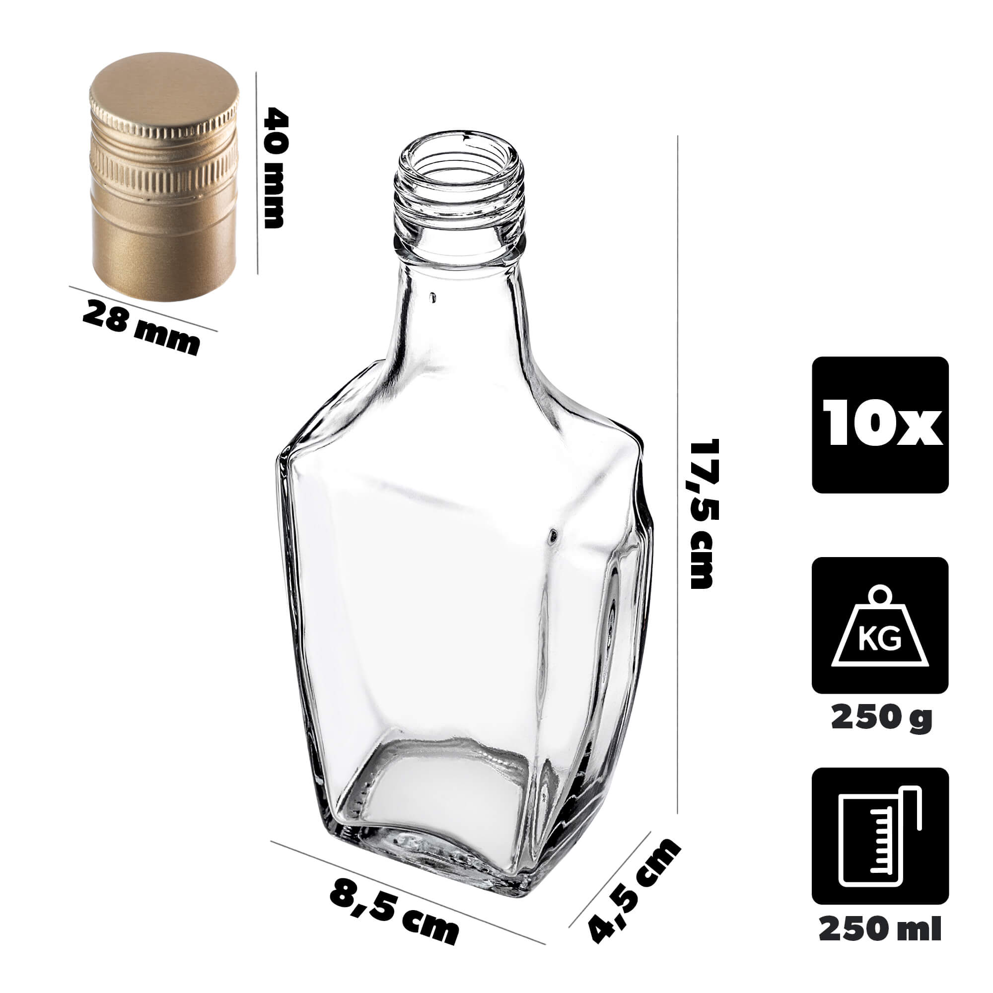 Szklana butelka na nalewkę Faenza 250ml z długą złotą zakrętką 10 szt.