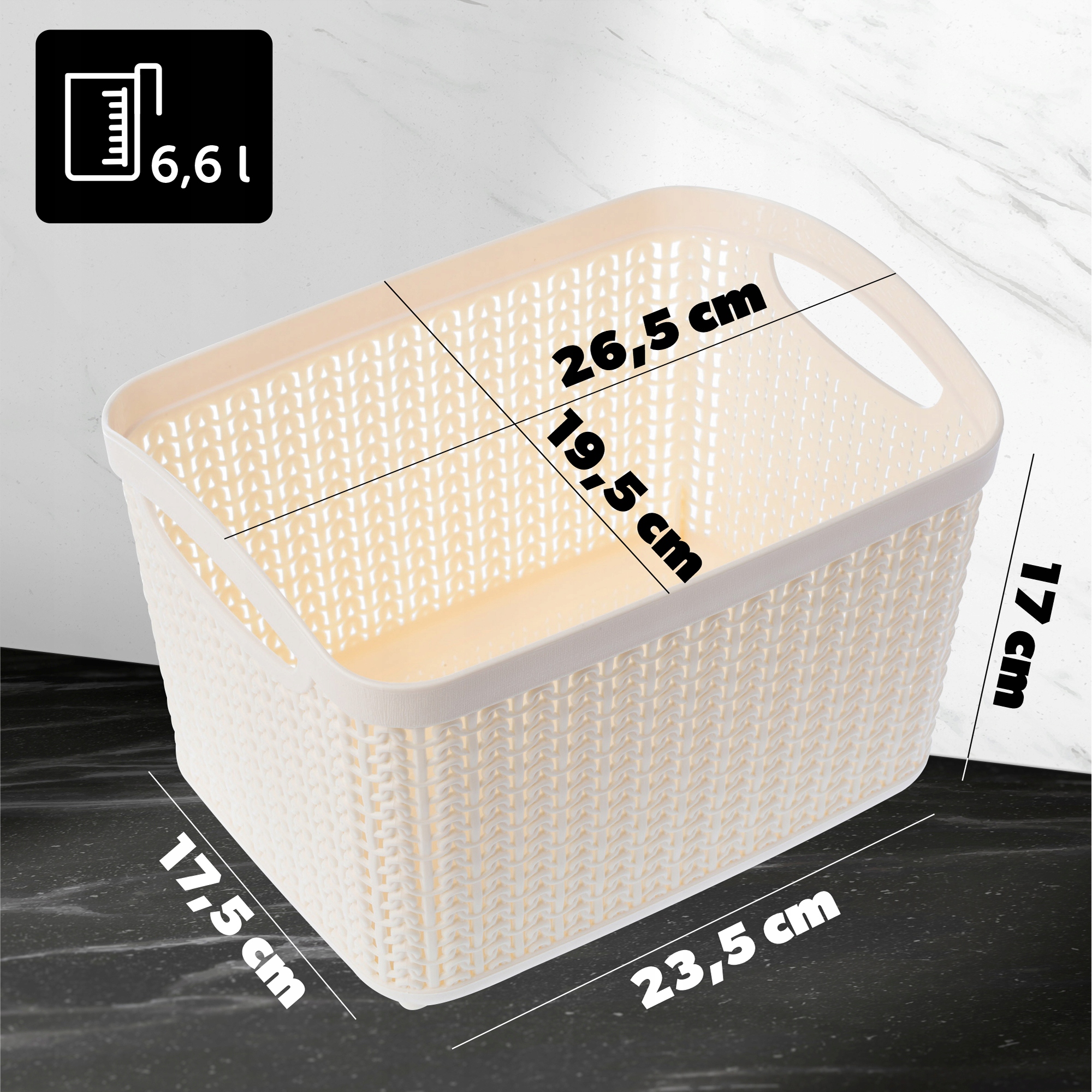 Koszyk plastikowy prostokątny 6.6L, kremowy