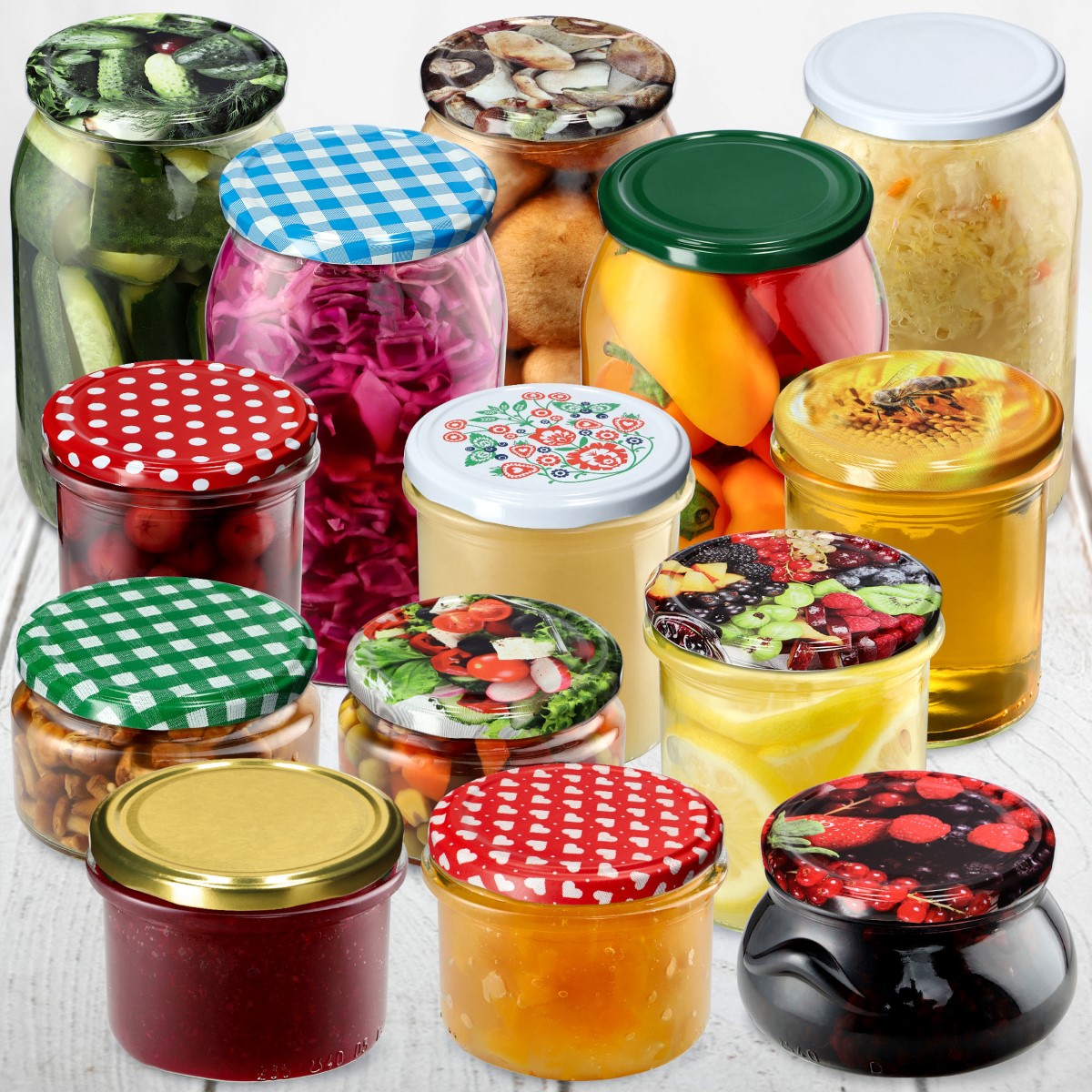 Słoiki na przetwory Jukka 720ml 16szt 82mm + wieczka "Czerwona krata"