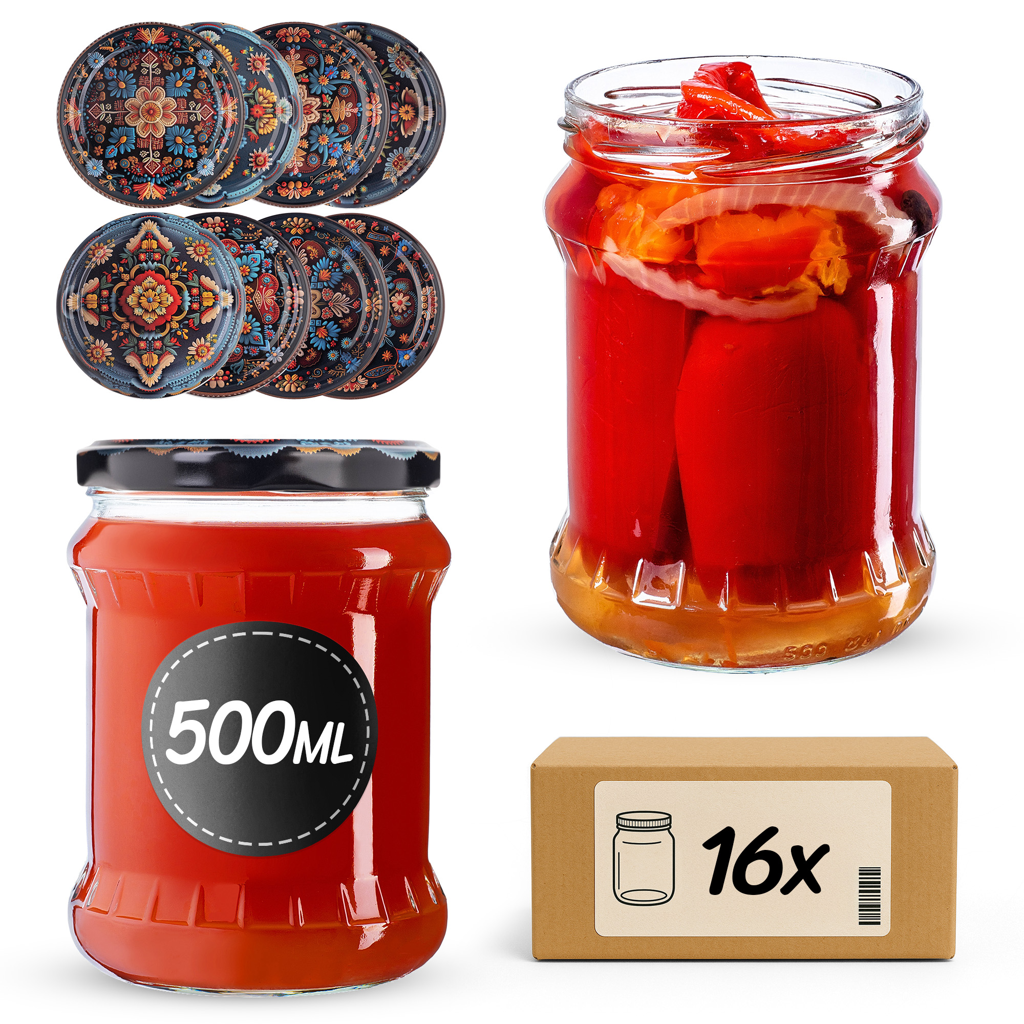 Słoiki na przetwory Kisko 500ml fi82mm 16szt + wieczko Haftowanka