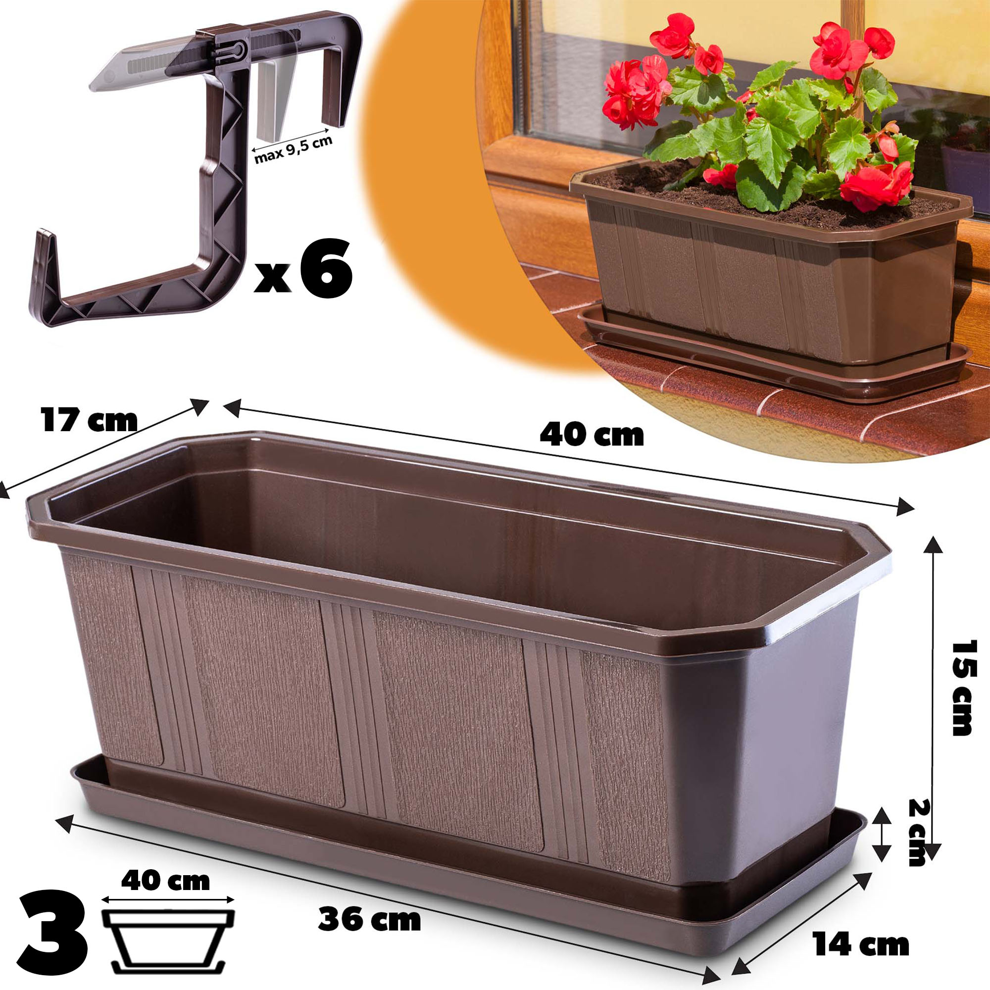 Doniczka balkonowa z uchwytami brązowa Oste 40 cm, 3 szt.