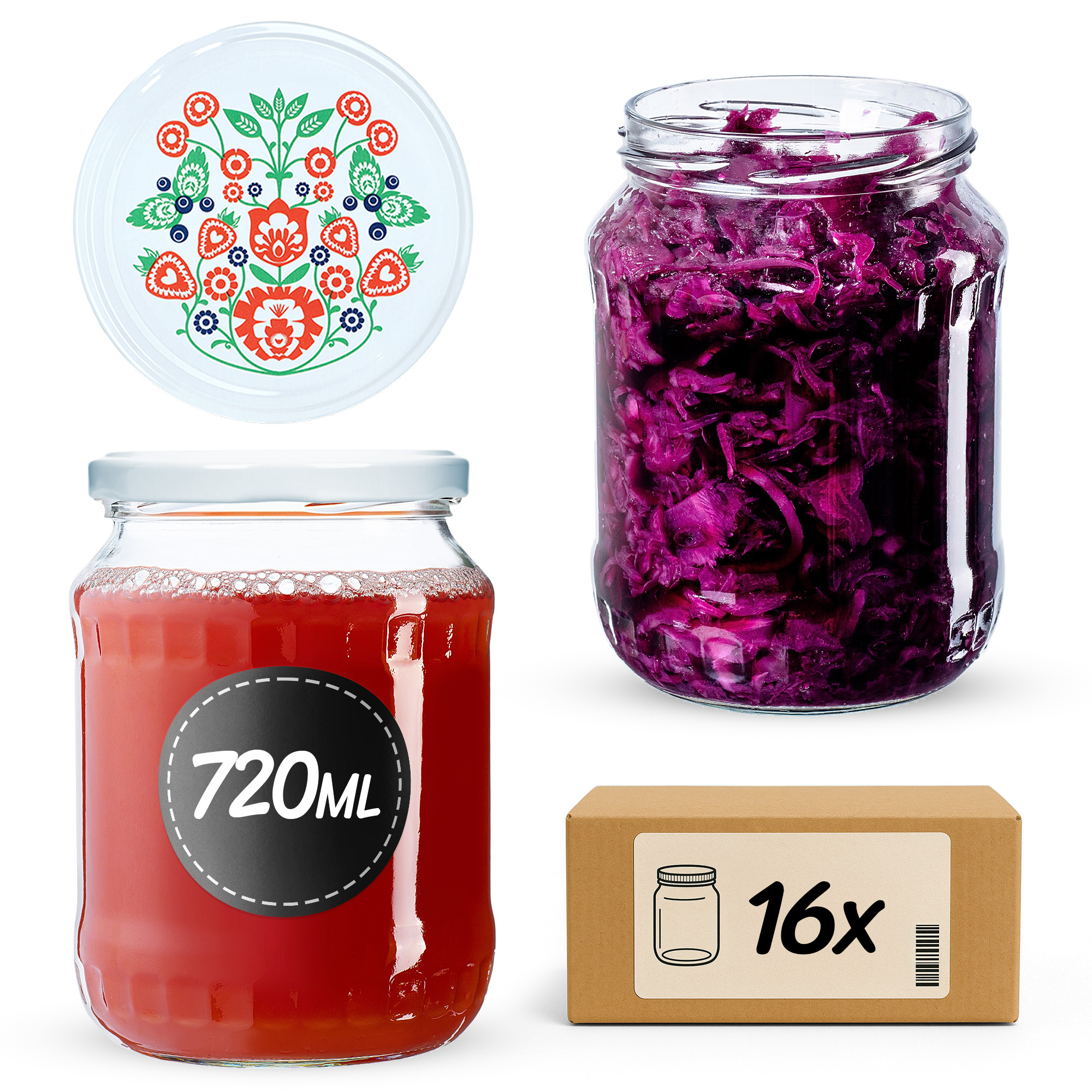Słoiki na przetwory Jukka 720ml 16szt 82mm + wieczka "Folklor"