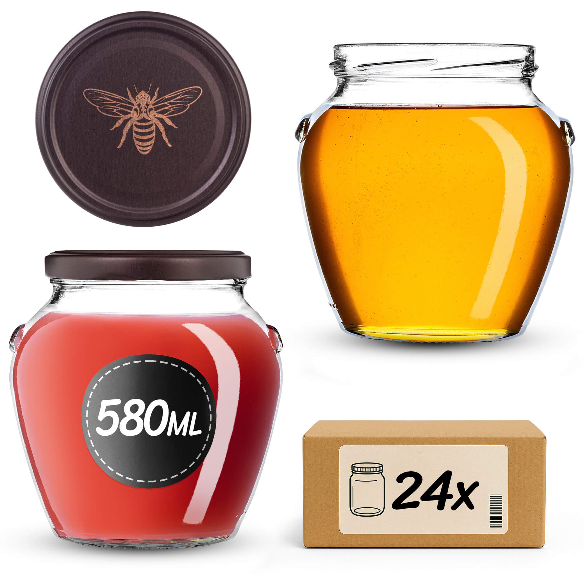 Słoiki na przetwory Sassa 580ml 24szt 82mm + wieczka "Brązowa pszczoła"