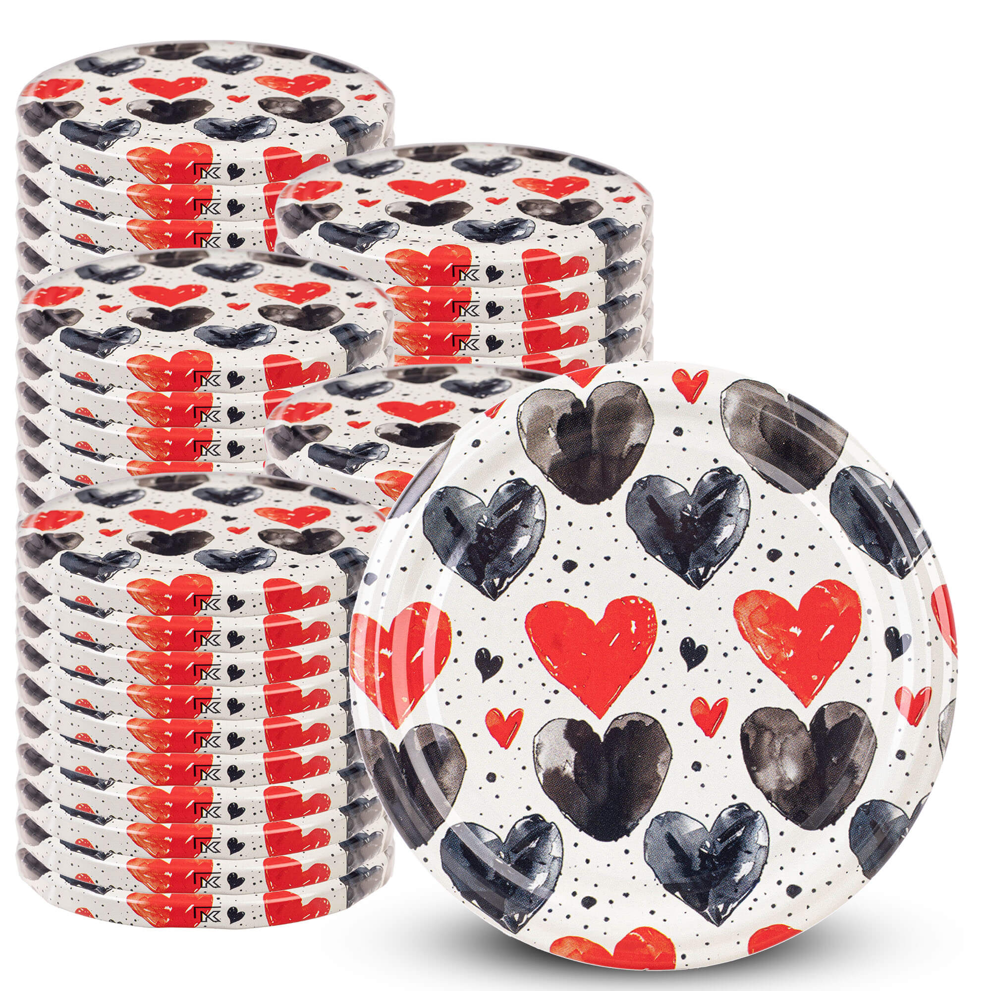 Metalowe wieczka do słoików Virbo 50szt fi 82mm "Czarno-czerwone serca"