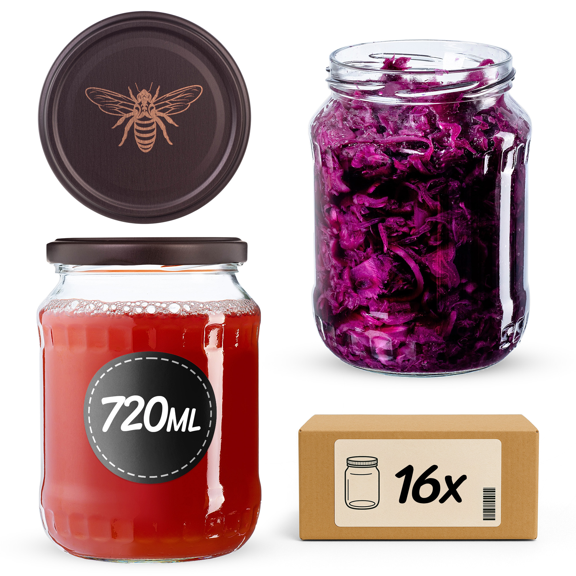 Słoiki na przetwory Jukka 720ml fi82mm 16szt + wieczko Pszczoła