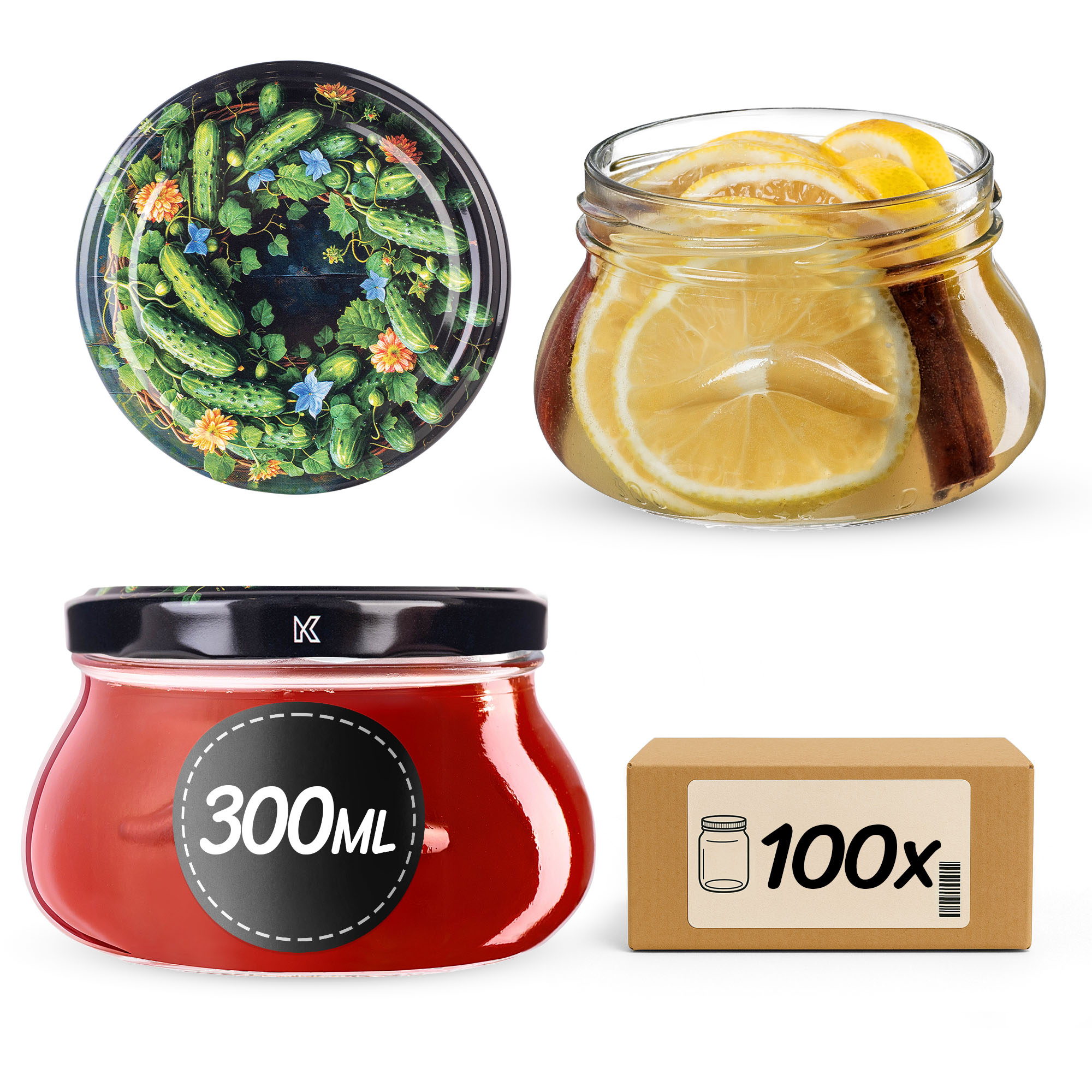 Słoiki na przetwory Raja 300ml fi82mm 100szt + wieczko Ogórki czarne