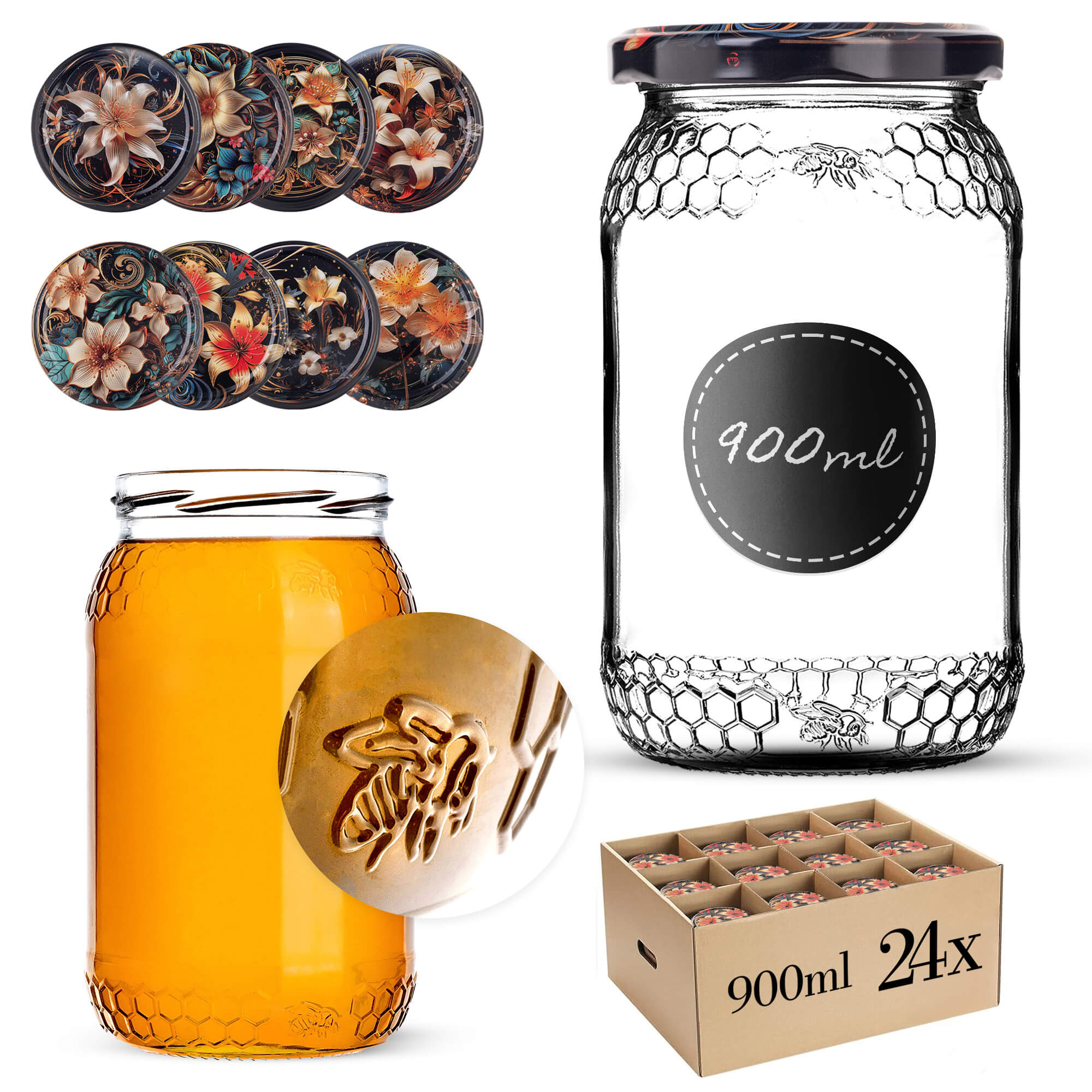 Szklany słój Lierde 900ml 82mm 24 szt. + wieczka "Kwiaty"