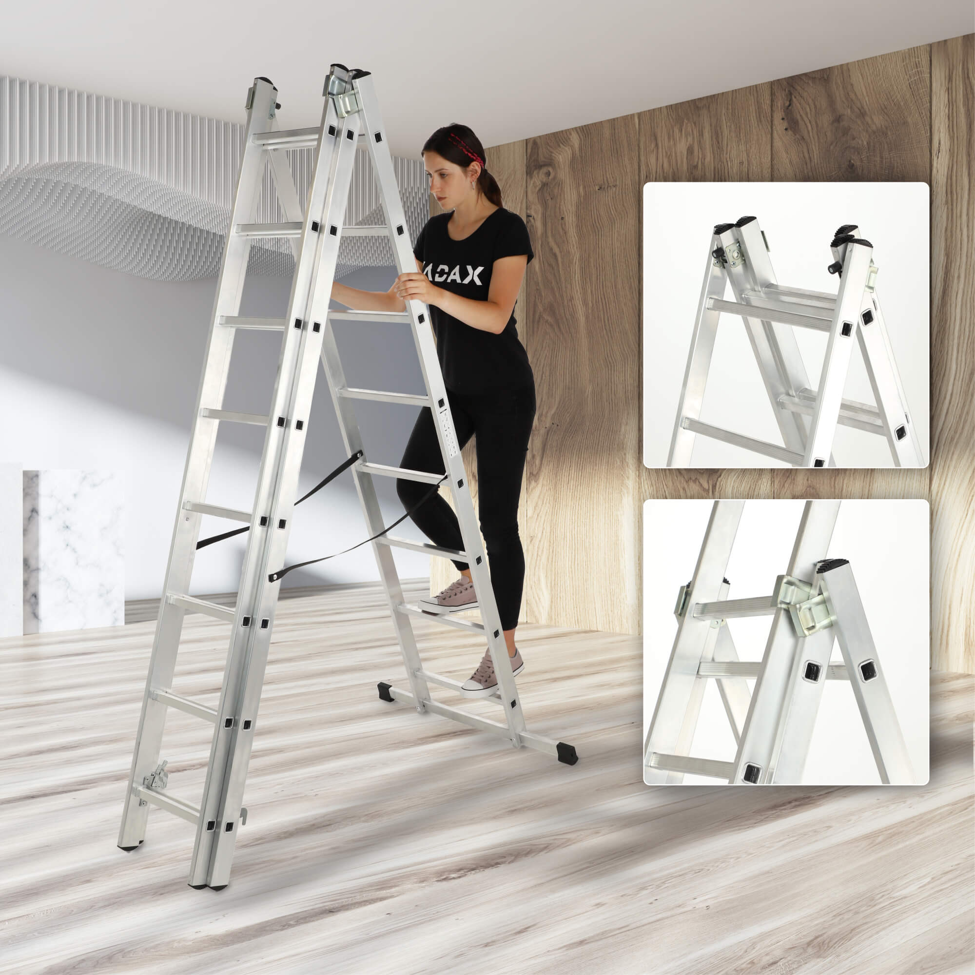 Drabina aluminiowa wielofunkcyjna Holem, 8 stopni, 150 kg