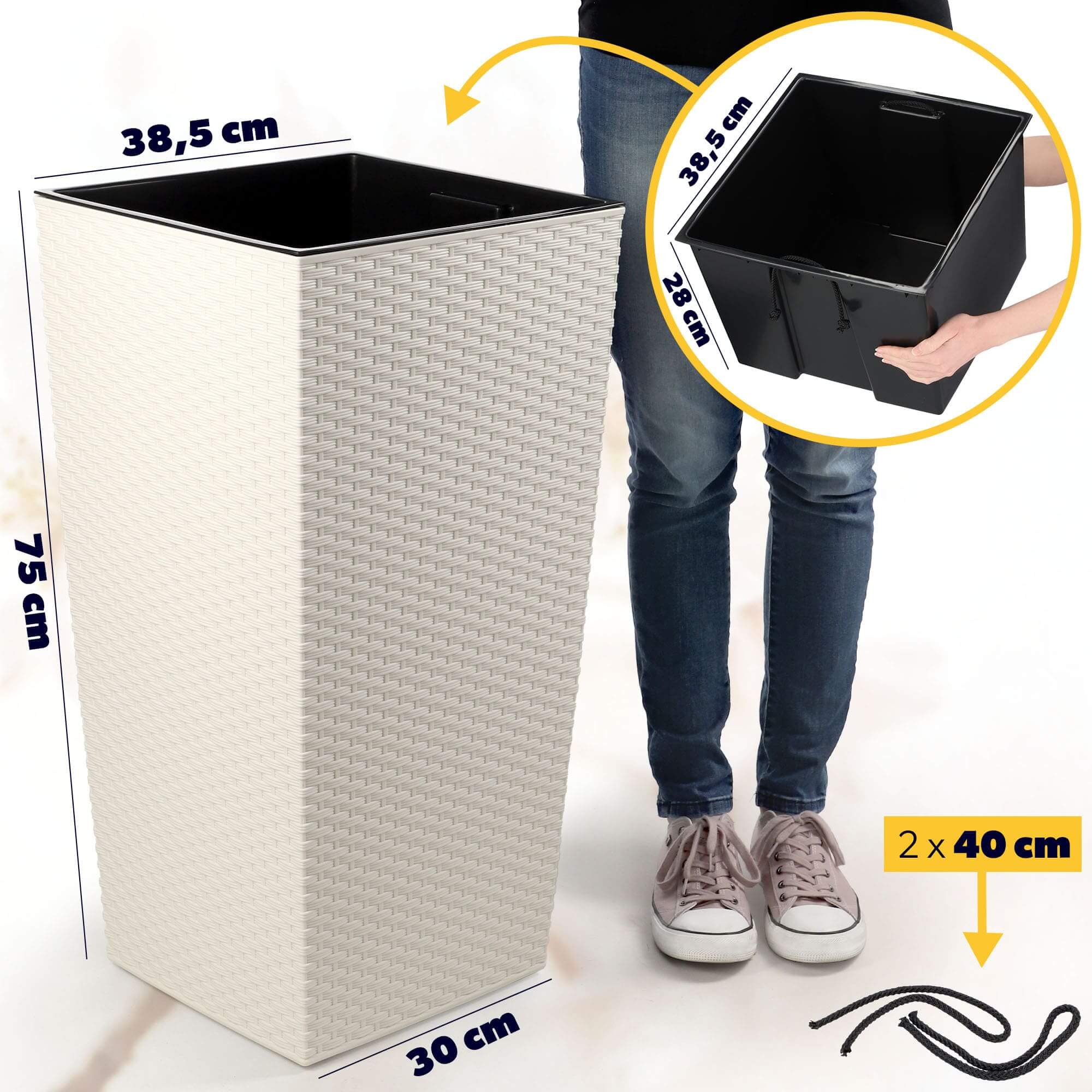 Donica na kwiaty z wkładem Pesaro rattan 40 cm, kremowa