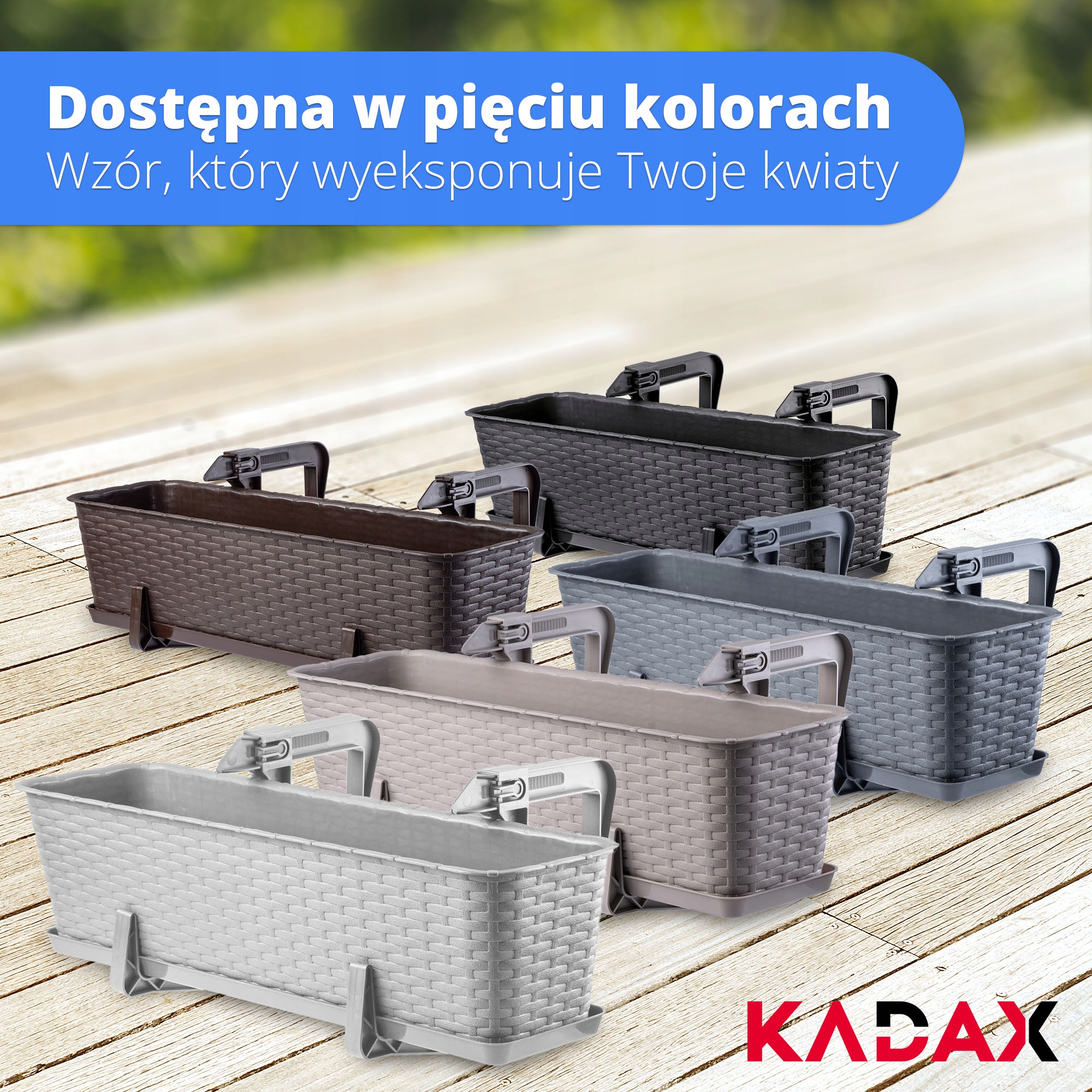 Doniczka balkonowa rattanowa z podstawką Frette 40 + 60 cm + uchwyty, antracyt