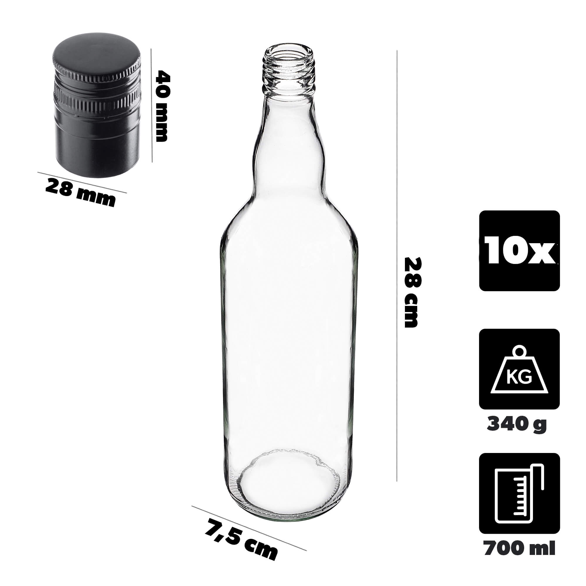 Szklana butelka Monopol 700ml z długą czarną zakrętką 10 szt.