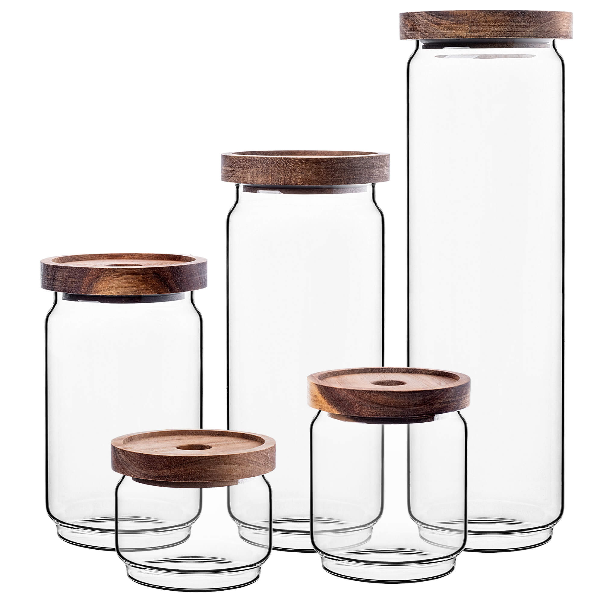 Zestaw pojemników szklanych na żywność Rucce z drewnianą pokrywką 250ml+450ml+750ml+950ml+1550ml