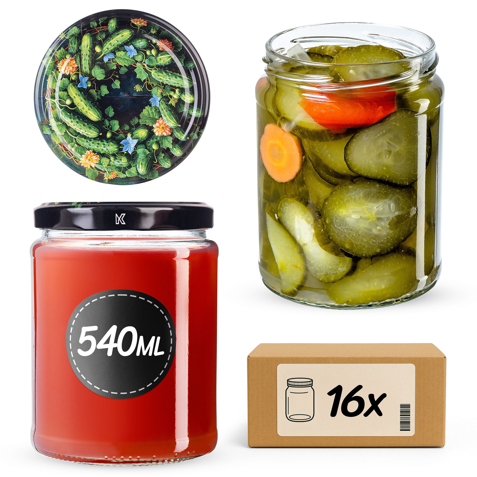 Słoiki na przetwory Maki 540ml fi82mm 16szt + wieczko Ogórki czarne