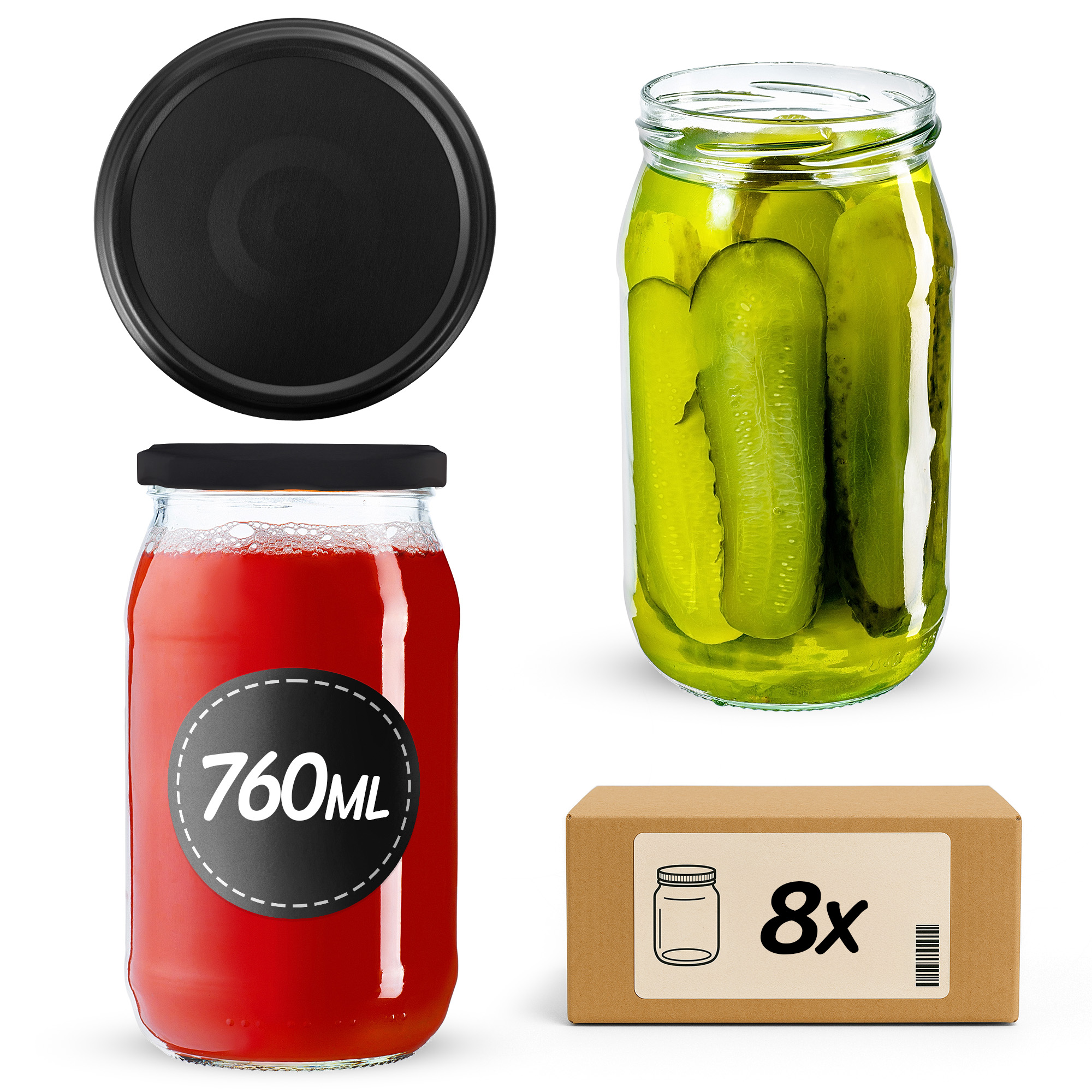Słoiki na przetwory Niva 760ml fi82mm 8szt + wieczko Czarny mat