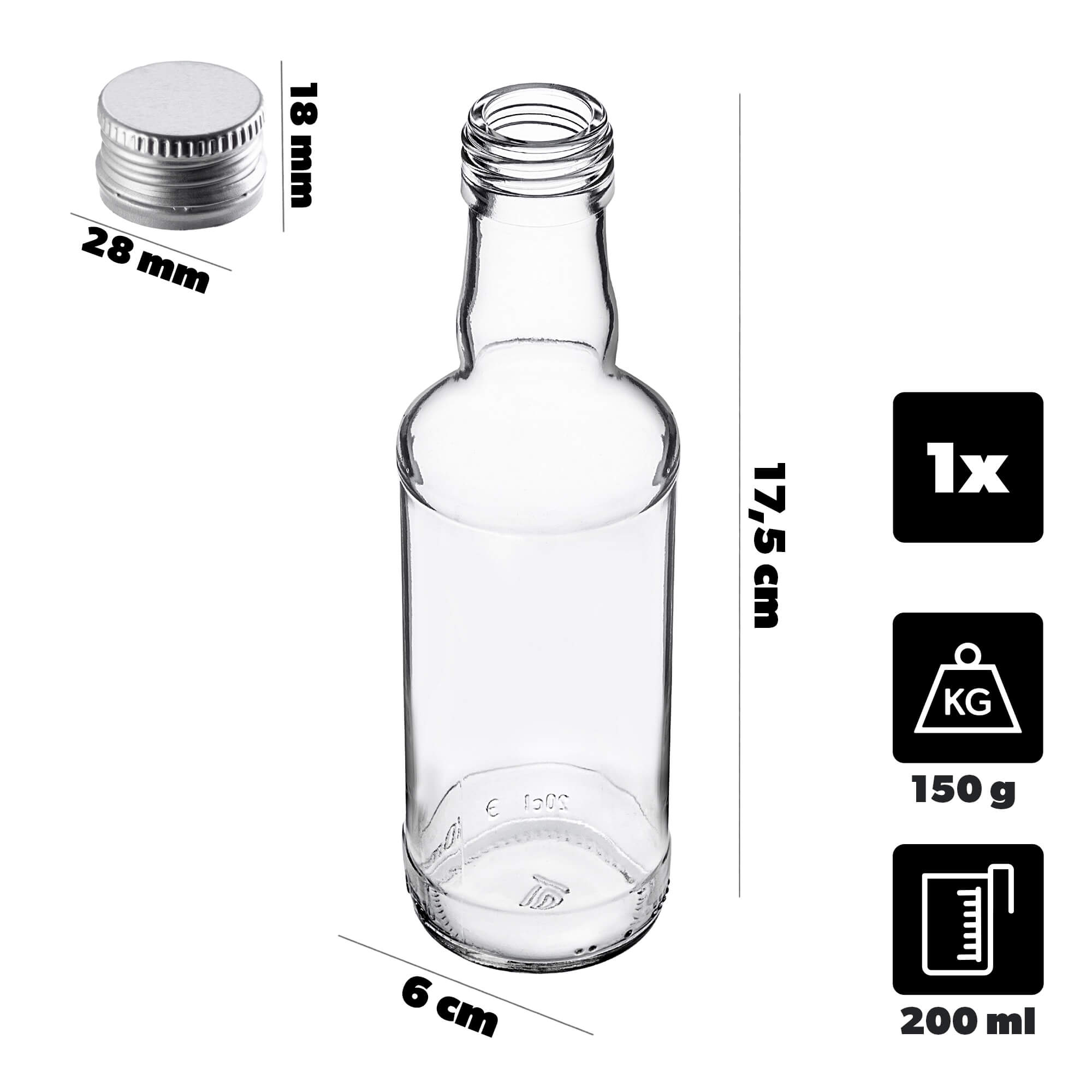 Szklana butelka Monopol 200ml z srebrną zakrętką 1 szt.