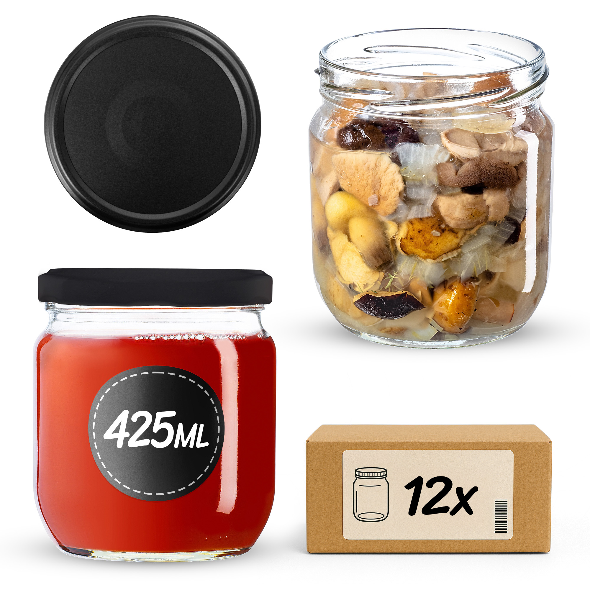 Słoiki na przetwory Salla 425ml fi82mm 12szt + wieczko Czarny mat