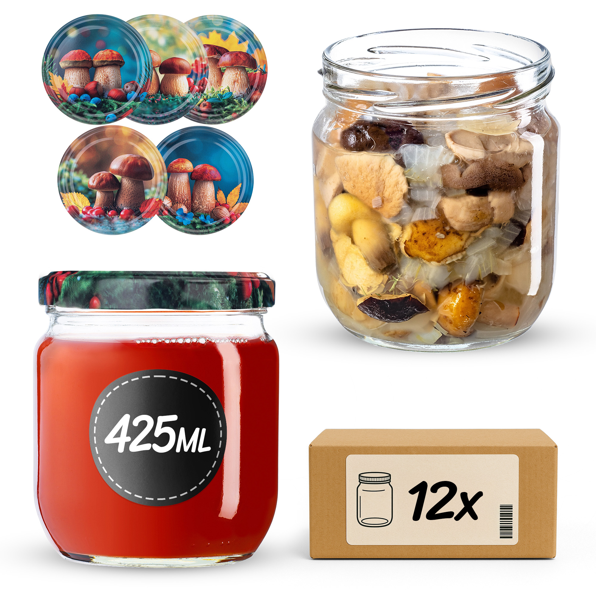 Słoiki na przetwory Salla 425ml fi82mm 12szt + wieczko Grzyb polski
