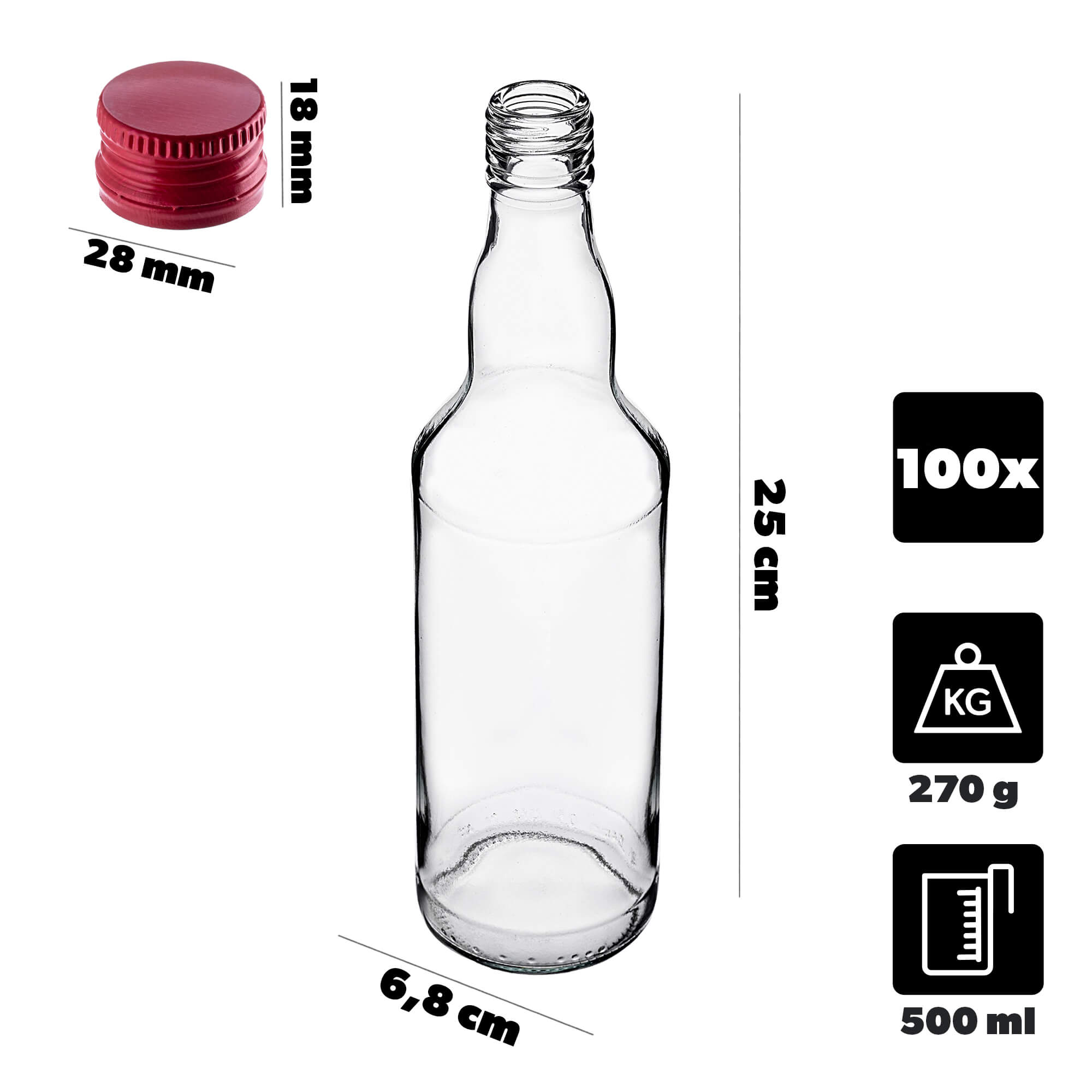 Szklana butelka Monopol 500ml z czerwoną zakrętką 100 szt.