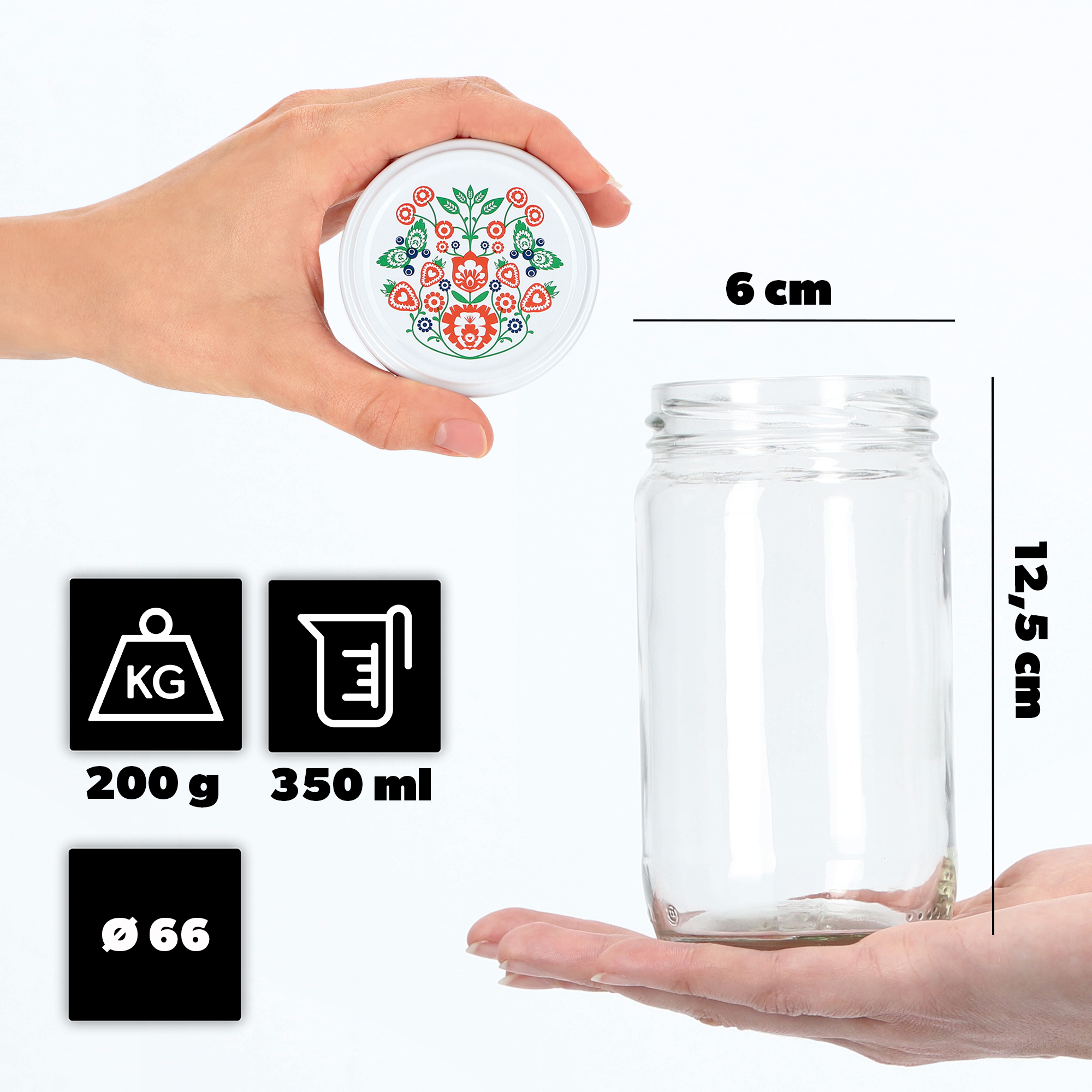 Słoiki na przetwory Gera 350ml 100szt 66mm + wieczka "Folklor"