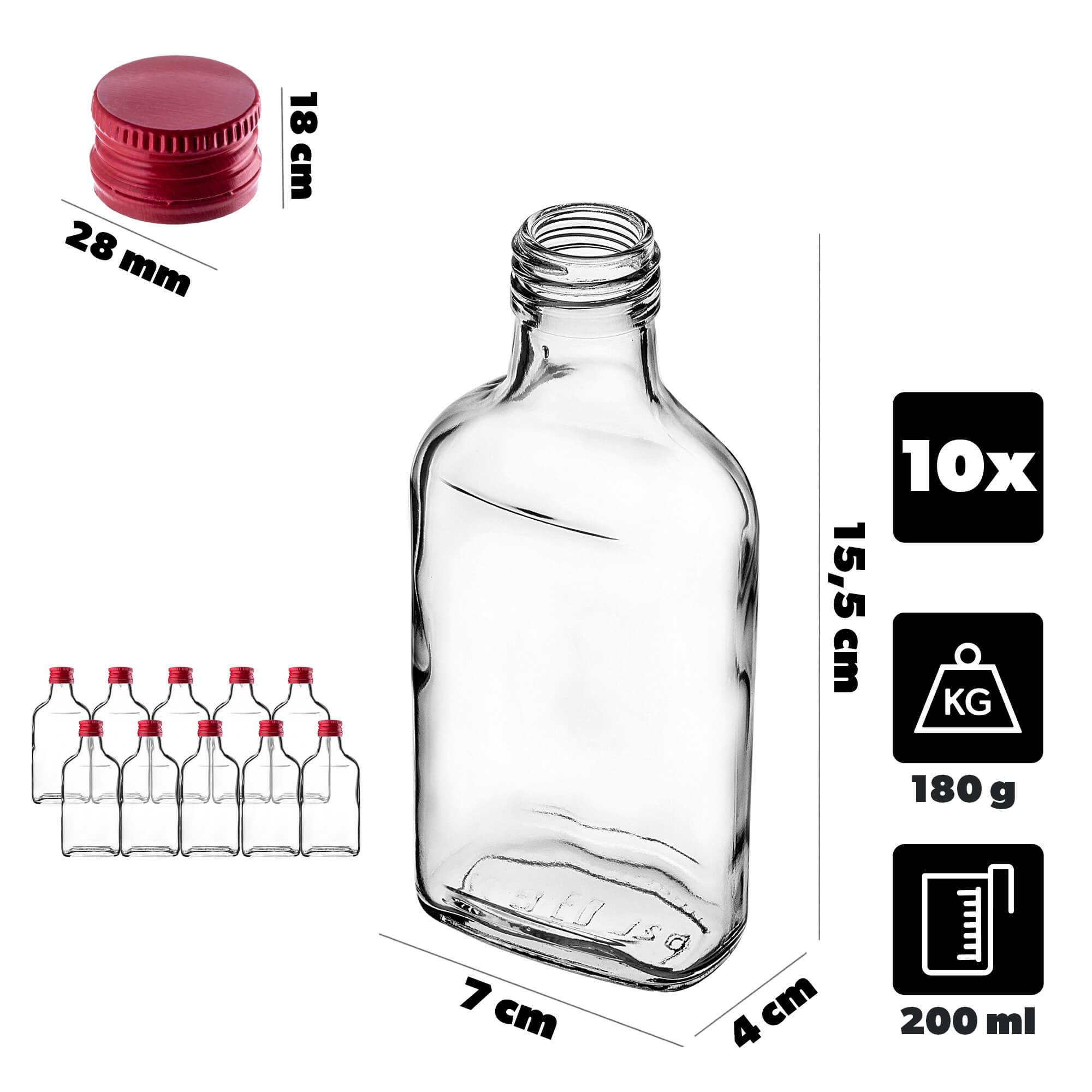 Butelka piersiówka Viane 200ml z czerwoną zakrętką 10 szt.