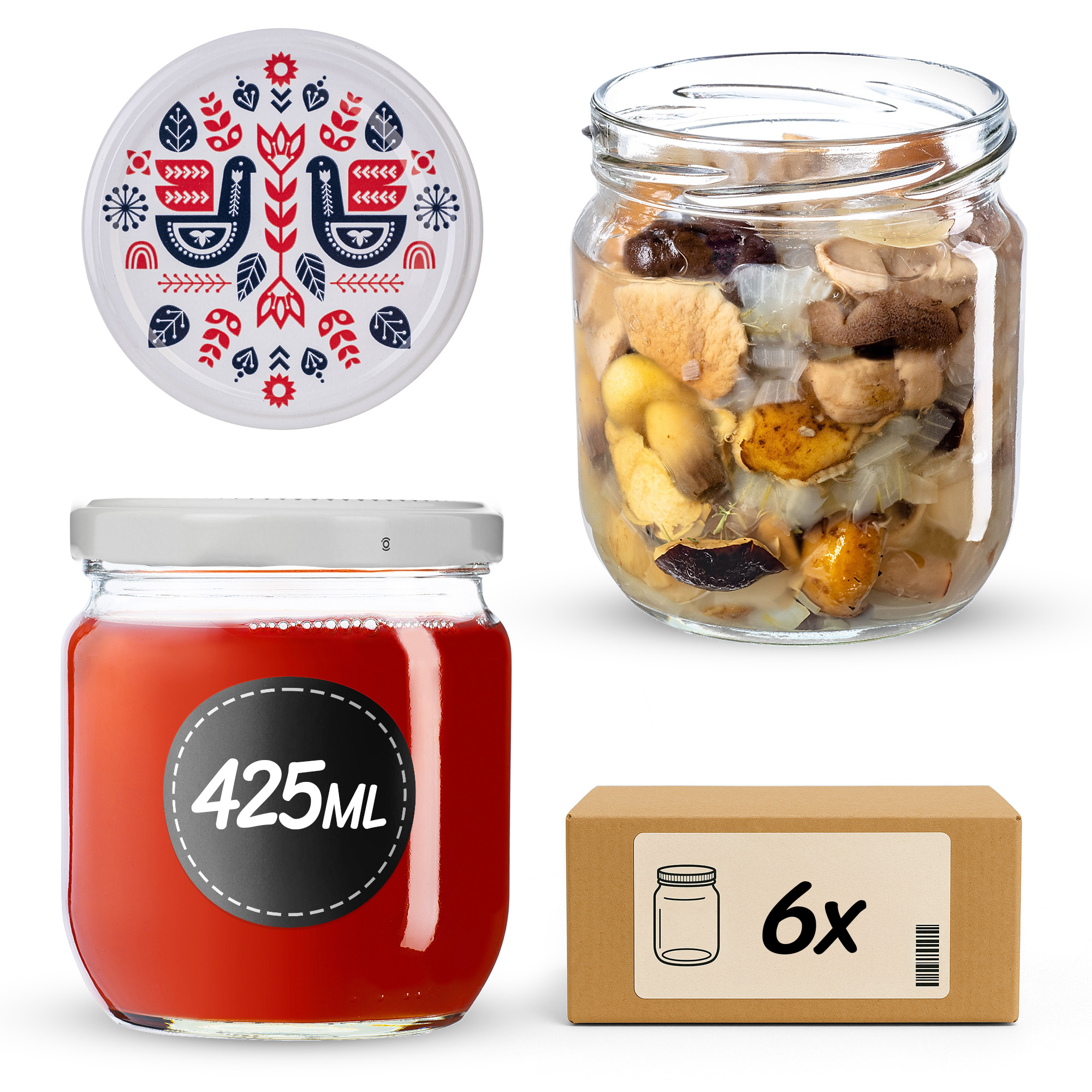 Słoiki na przetwory Salla 425ml fi82mm 6szt + wieczko Kurpie