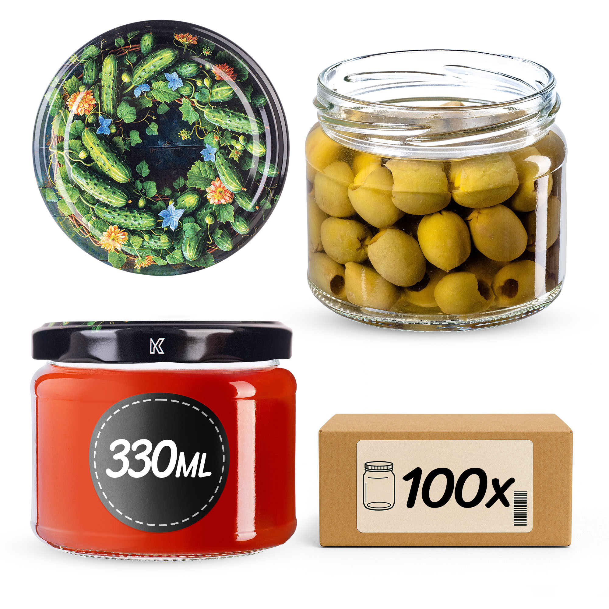 Słoiki na przetwory Sonka 330ml fi82mm 100szt + wieczko Ogórki czarne