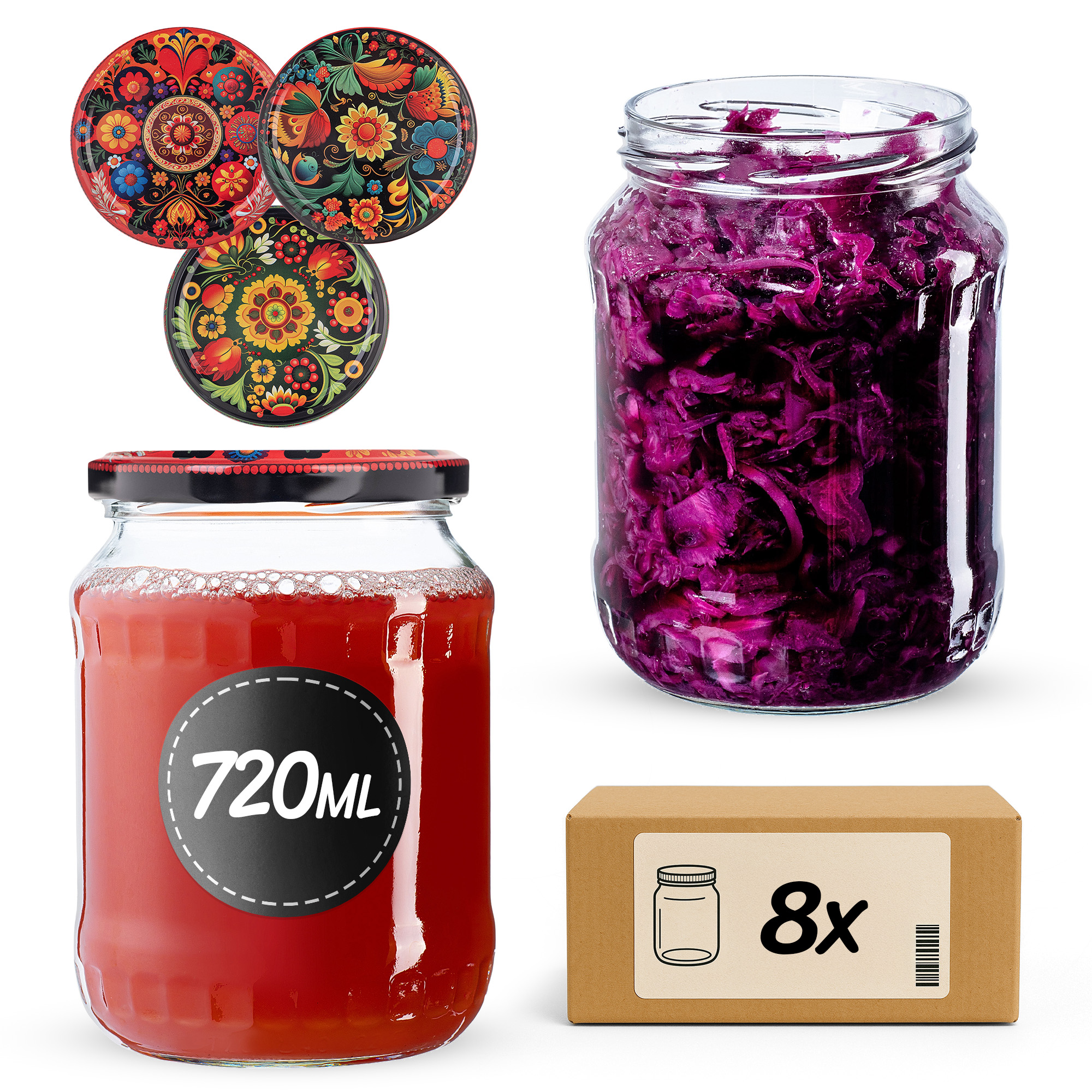 Słoiki na przetwory Jukka 720ml fi82mm 8szt + wieczko Haftowanka