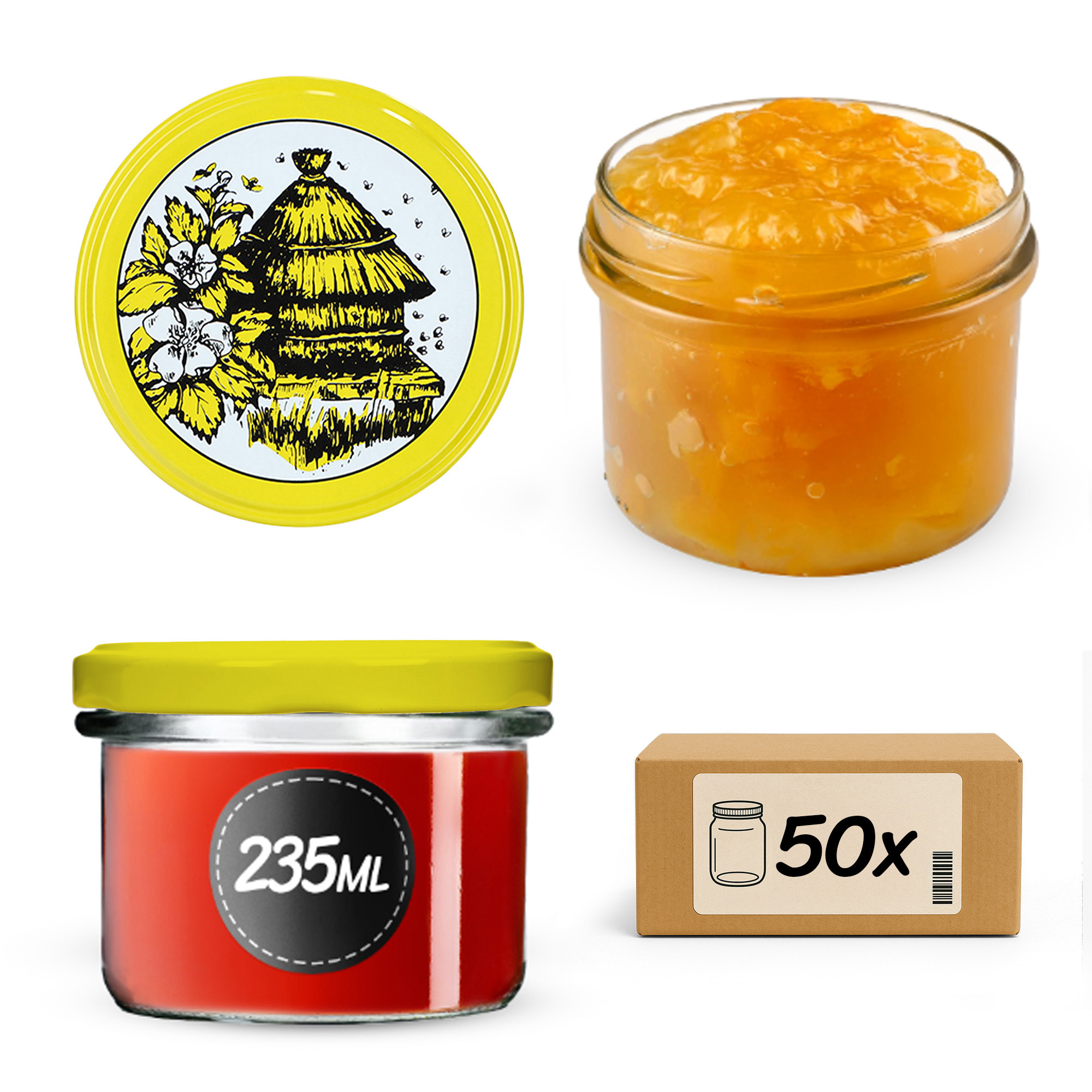 Słoiki na przetwory Tartu 235ml 50szt 82mm + wieczka "Pszczoły"