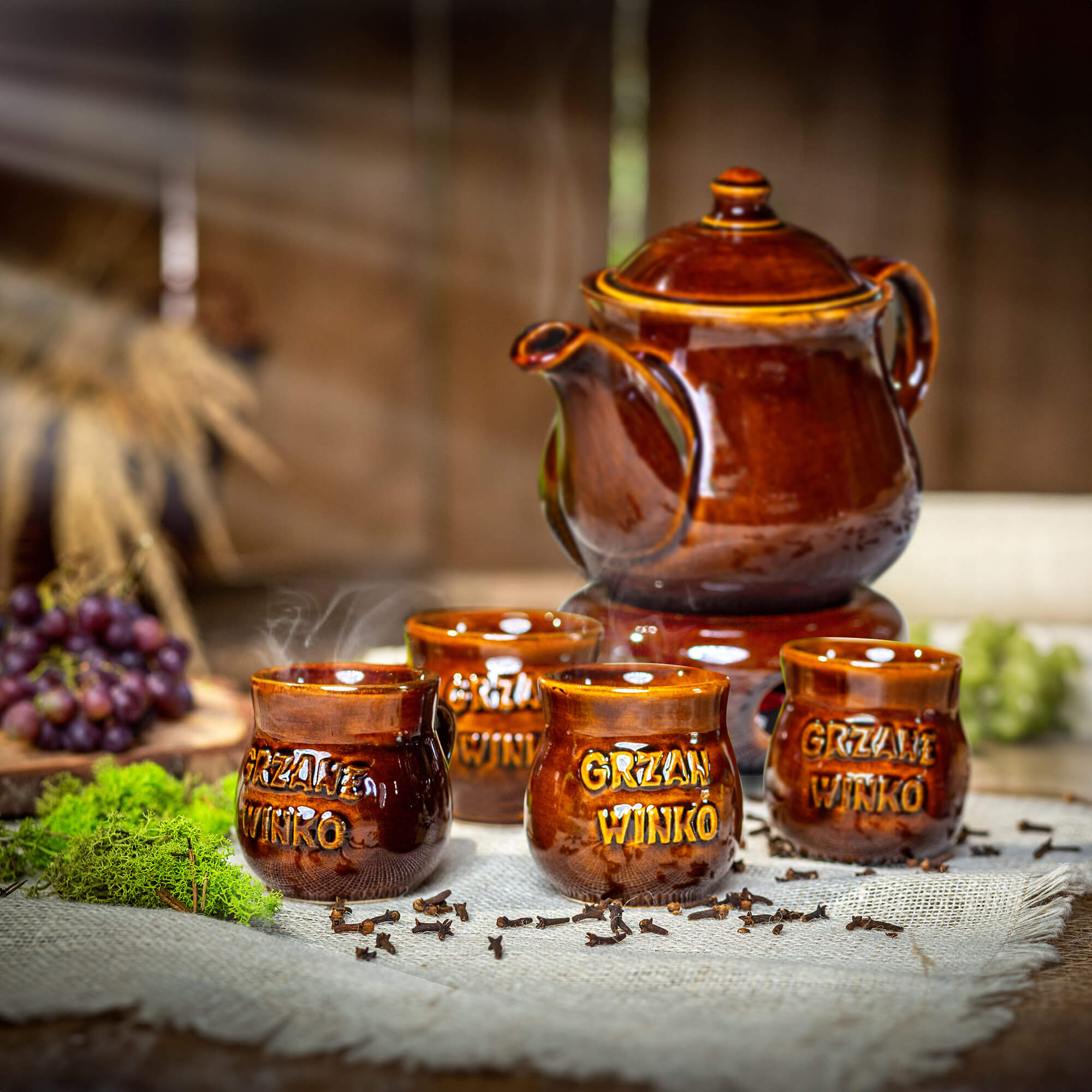 Zestaw kamionkowy do grzanego wina Olympia, z napisami