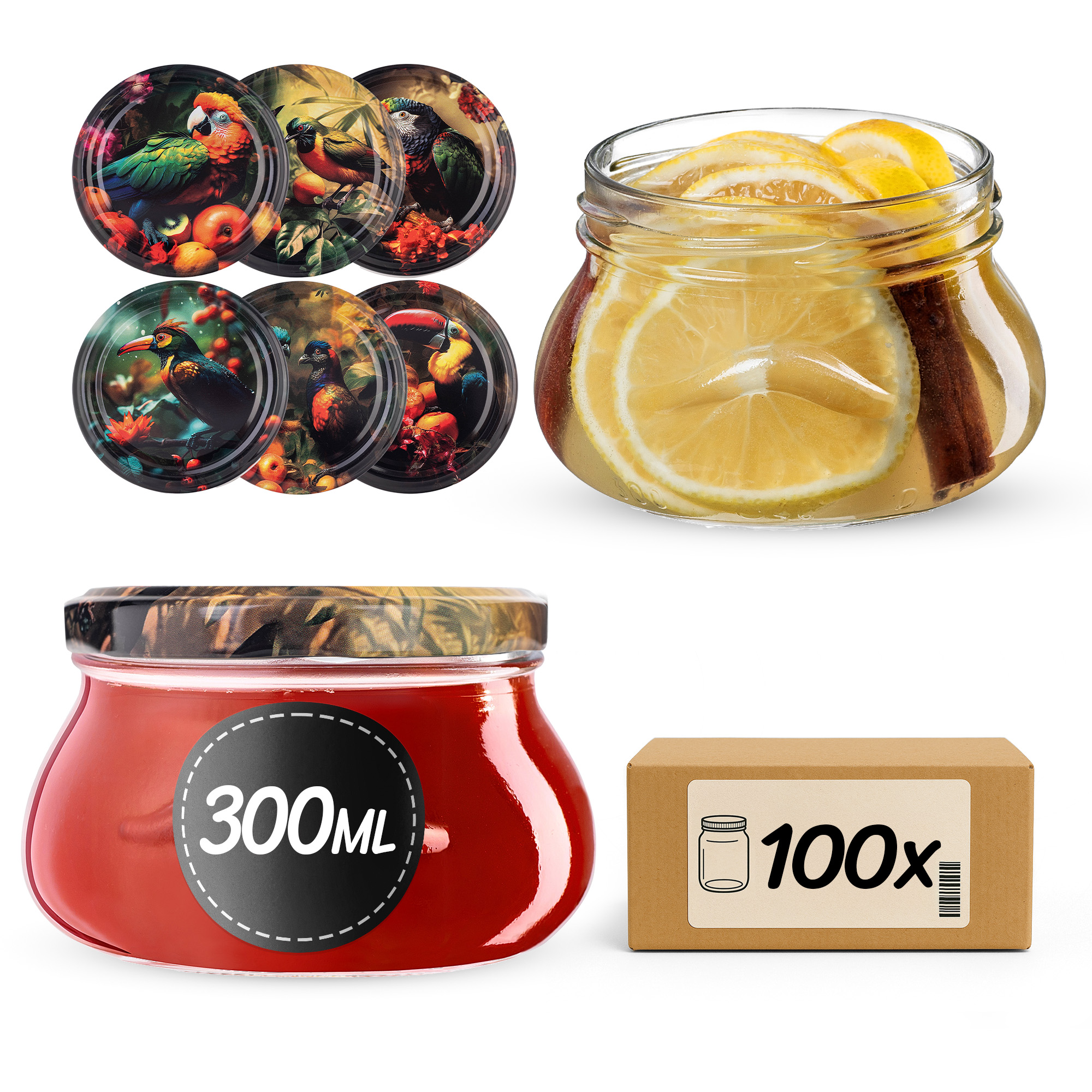 Słoiki na przetwory Raja 300ml fi82mm 100szt + wieczko Ptaki
