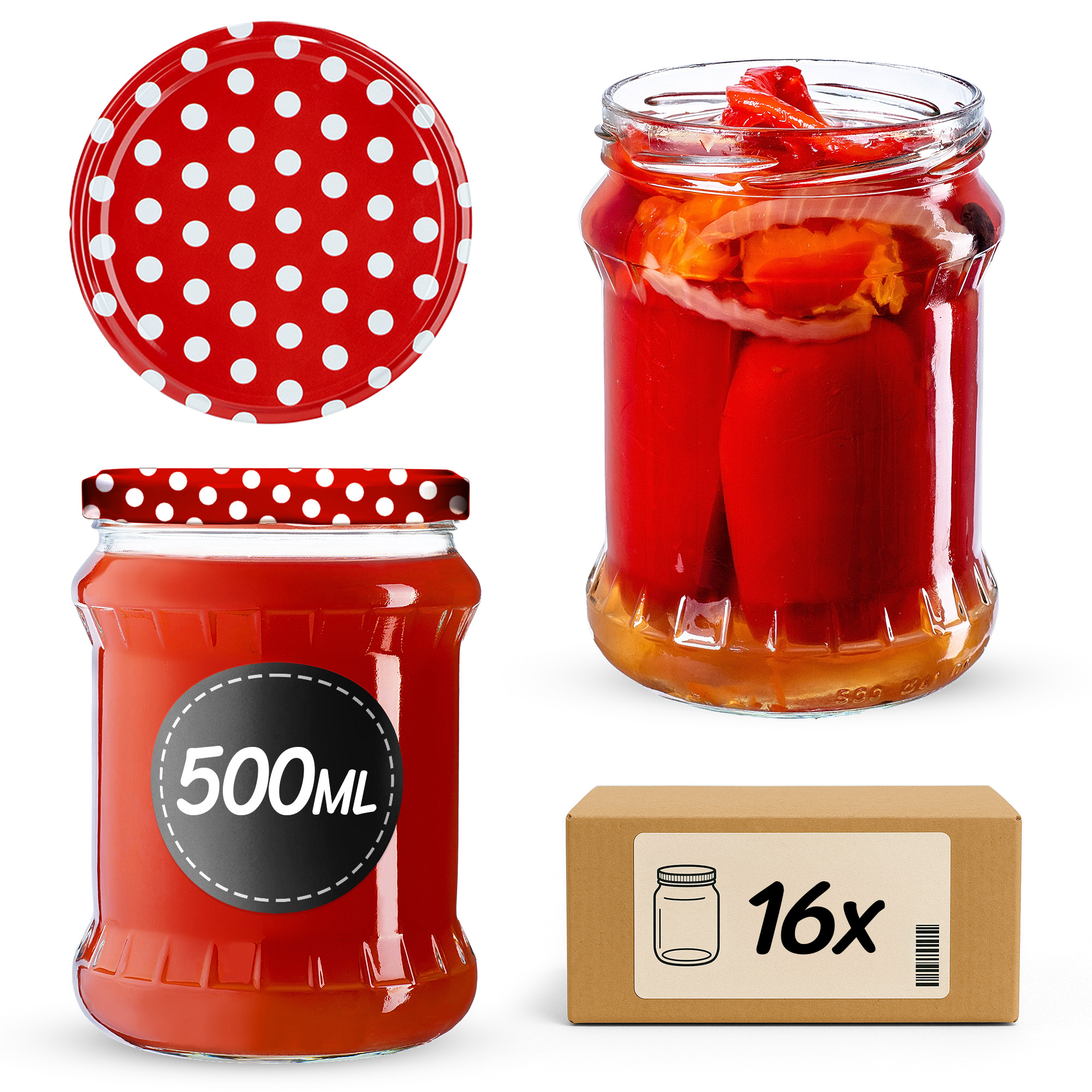 Słoiki na przetwory Kisko 500ml 16szt 82mm + wieczka "Groszek czerwony"