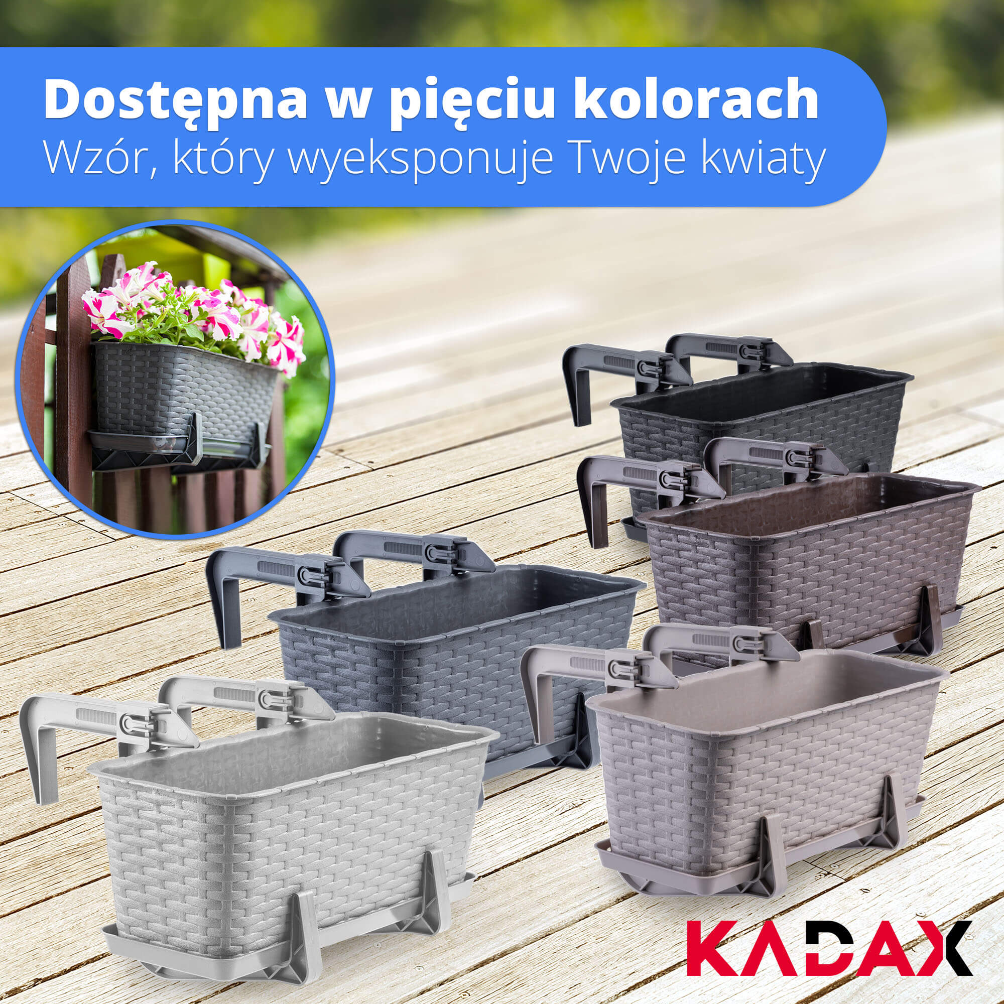 Skrzynka balkonowa rattan z podstawką i uchwytami Frette 40 cm, grafit