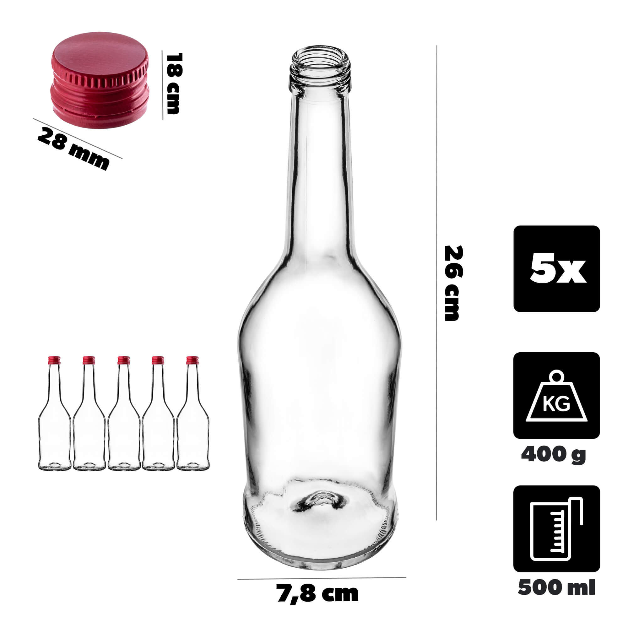 Szklana butelka na nalewkę Loiret 500ml z czerwoną zakrętką 5 szt.