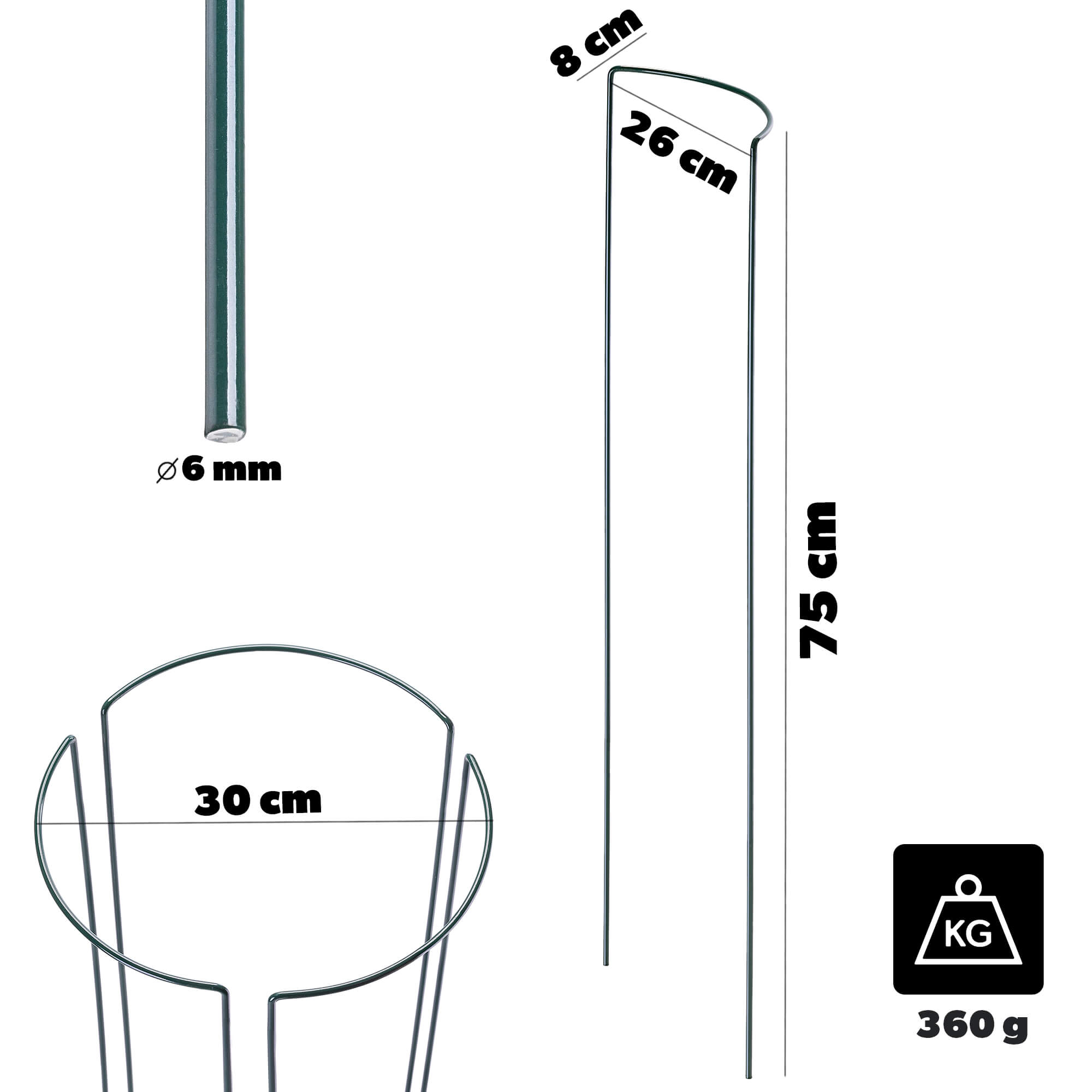 Podpora ogrodowa Mahet 1/3 koła 75 cm stalowa zielona 6 szt.