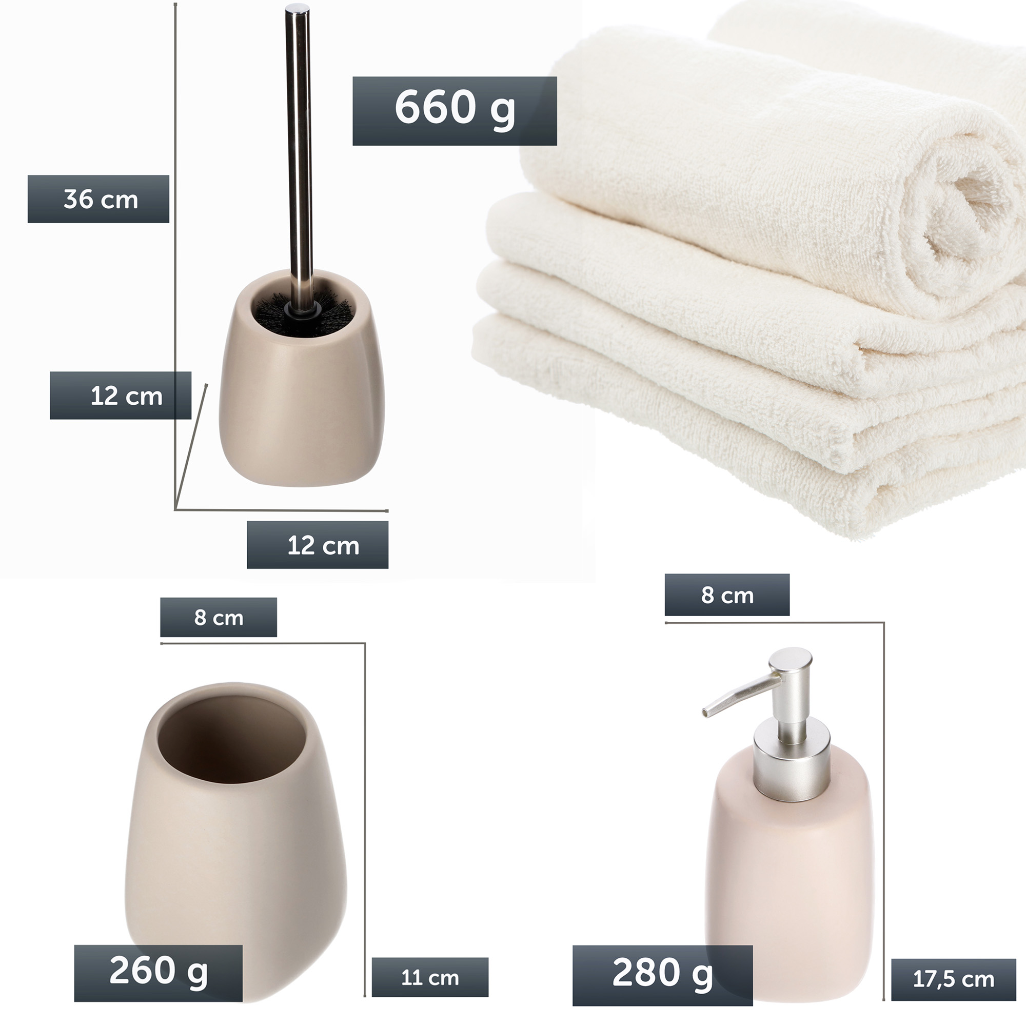 Zestaw łazienkowy szczotka WC + kubek + dozownik, beżowy