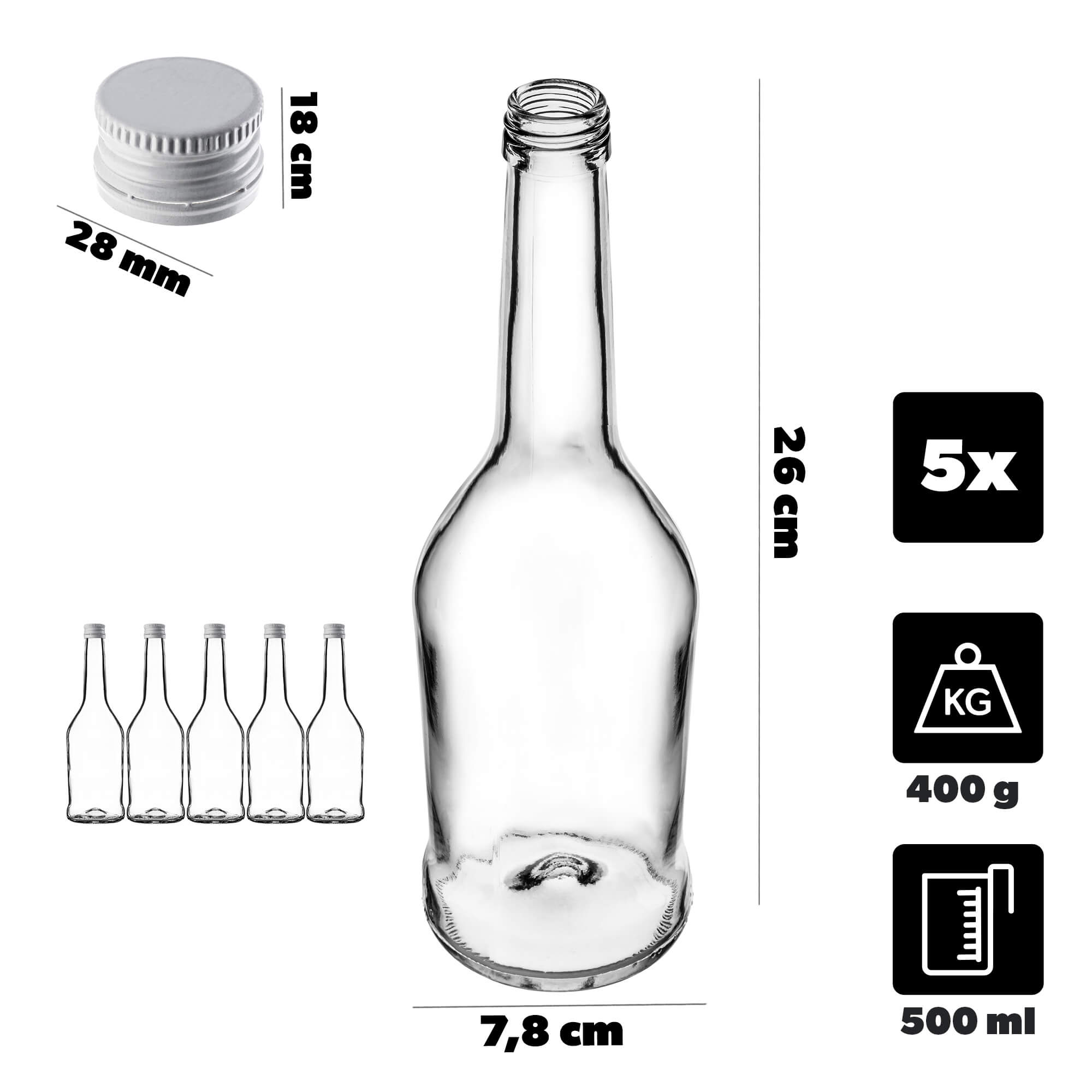 Szklana butelka na nalewkę Loiret 500ml z białą zakrętką 5 szt.