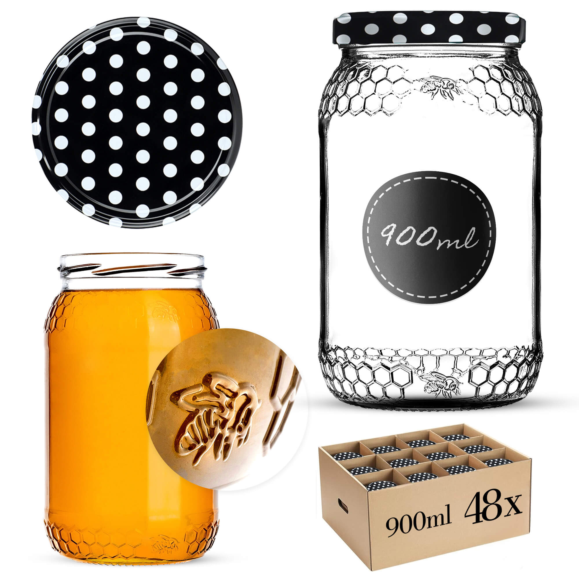 Szklany słój Lierde 900ml 82mm 48 szt. + wieczka "Czarny groszek"