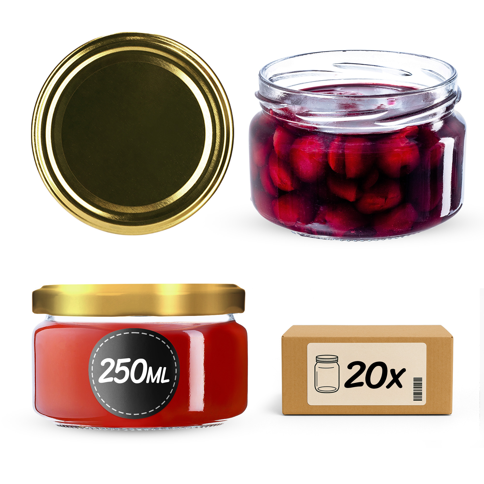 Słoiki na przetwory Denia 250ml 20szt 82mm + wieczko złote