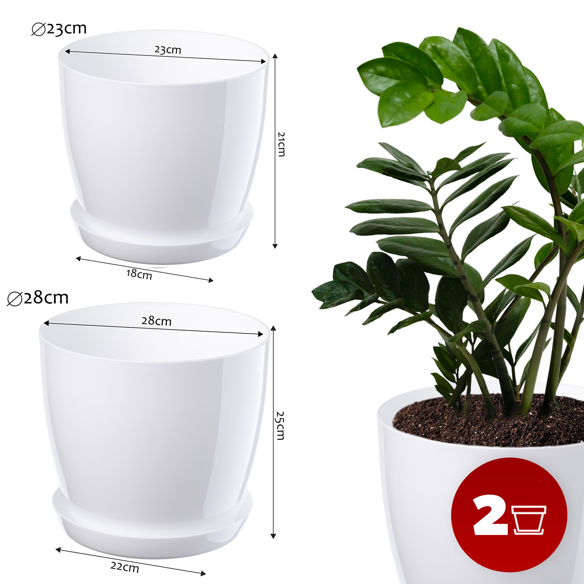 Doniczka na kwiaty z podstawką białe 23 cm + 28 cm, 2 szt.