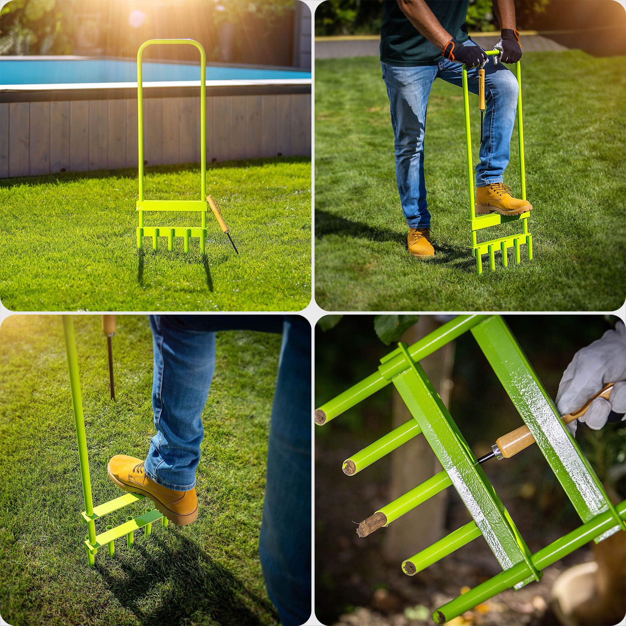 Aerator rurkowy ręczny do trawników Adum 90 x 30 cm stalowy zielony