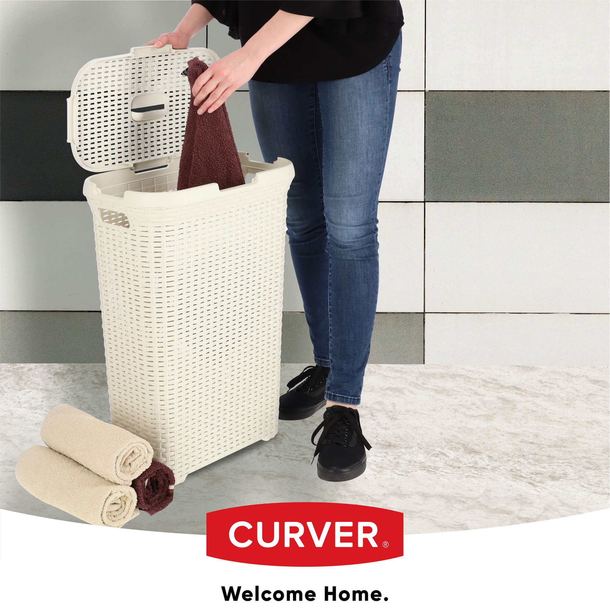 Kosz z pokrywą Curver Natural Style 40L, kremowy